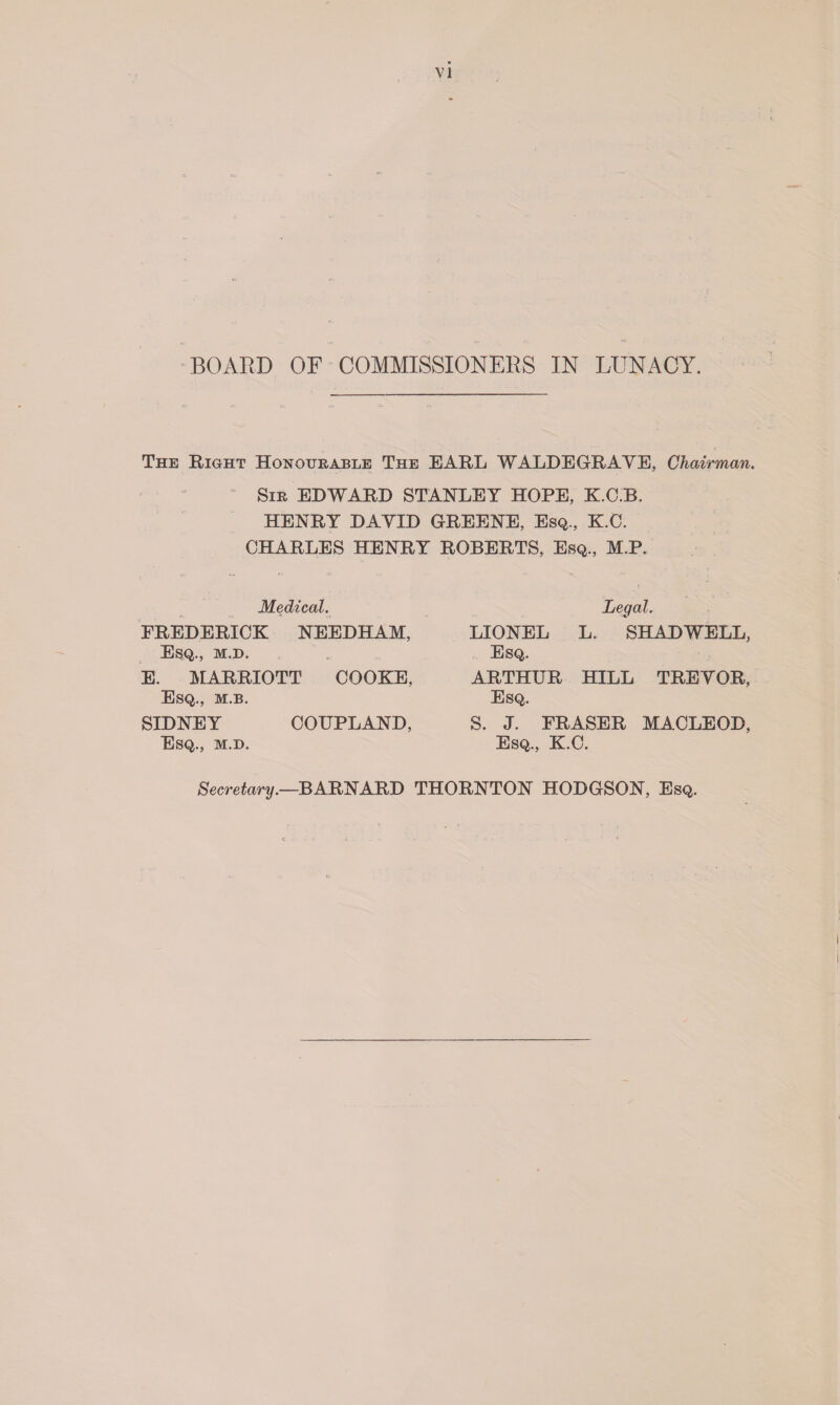 The Right Honourable The EARL WALDE GRAVE, Chairman. “ Sir EDWARD STANLEY HOPE, K.C.B. HENRY DAVID GREENE, Esq., K.C. CHARLES HENRY ROBERTS, Esq., M.P. Medical. FREDERICK NEEDHAM, Esq., m.d. E. MARRIOTT COOKE, Esq., m.b. SIDNEY COUPLAND, Esq., m.d. Legal. LIONEL L. SHADWELL, Esq. ARTHUR HILL TREVOR, Esq. S. J. ERASER MACLEOD, Esq., K.C. Secretary.—BARNARD THORNTON HODGSON, Esq.