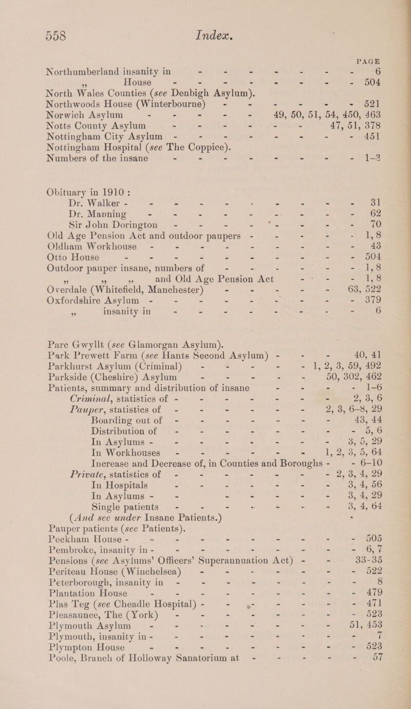 Northumberland insanity in - „ House - North Wales Counties (see Denbigh Asylum). Northwoods House (Winterbourne) Norwich Asylum - Notts County Asylum - Nottingham City Asylum - Nottingham Hospital (see The Coppice). Numbers of the insane - PAGE 6 - 504 21 49, 50, 51, 54, 450, 463 47, 51, 378 - 451 - 1-3 Obituary in 1910 : Dr. Walker.. 31 Dr. Manning - -- -- -- -- 62 Sir John Dorington -------- 70 Old Age Pension Act and outdoor paupers - - - - *1,8 Oldham Workhouse - -- -- -- --43 Otto House - -- -- -- -- - 504 Outdoor pauper insane, numbers of - - - - -1,8 „ „ ,, and Old Age Pension Act - • - - 1,8 Ovprdale (Whitefield, Manchester) ----- 63, 522 Oxfordshire Asylum - - - - - - - - - 379 „ insanity in - -- -- -- -6 Parc Gwyllt (see Glamorgan Asylum). Park Prewett Farm (see Hants Second Asylum) - Parklrurst Asylum (Criminal) - - - - - 1, Parkside (Cheshire) Asylum - Patients, summary and distribution of insane Criminal, statistics of - Pauper, statistics of ----- - Boarding out of ----- - Distribution of ----- - In Asylums ------- In Workhouses ------ Increase and Decrease of, in Counties and Boroughs Private, statistics of ----- - In Hospitals ------ In Asylums - - Single patients ----<- (And see under Insane Patients.) Pauper patients (see Patients). Peckham House -------- Pembroke, insanity in - Pensions (see Asylums’ Officers’ Superannuation Act) - Periteau House (Wiuchelsea) - Peterborough, insanity in ----- - Plantation House ------- Plas Teg (see Cheadle Hospital) - Pieasaunce, The (York) ------ Plymouth Asylum ------- Plymouth, insanity in - Plympton House ------- Poole, Branch of Holloway Sanatorium at - 40, 41 2, 3, 59, 492 50, 302, 462 - 1-6 2, 3, 6 2, 3, 6-8, 29 43, 44 5, 6 3, 5, 29 1, 2, 3, 5, 64 - 6-10 - 2, 3, 4, 29 3, 4, 56 3, 4, 29 3, 4, 64 - 505 - 6,7 33-35 - 522 8 - 479 - 471 - 523 51, 453 7 - 523 - 57