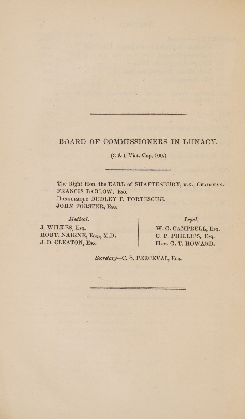 BOARD OF COMMISSIONERS IN LUNACY. (8 & 0 Viet. Cap. 100.) The Right Hon. the EARL of SHAFTESBURY, k.g., Chairman. FRANCIS BARLOW, Esq. Honourable DUDLEY F. FORTESCUE. JOHN FORSTER, Esq. Medical. J. WILKES, Esq. ROBT. NAIRNE, Esq., M.D. J. D. CLEATON, Esq. Legal. W. G. CAMPBELL, Esq. C. P. PHILLIPS, Esq. Hon. G. T. HOWARD. Secretary— C. S. PERCEVAL, Esq.