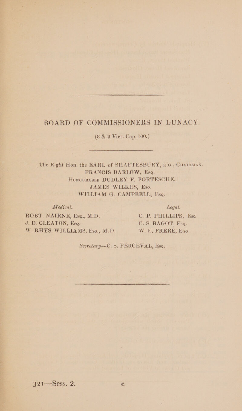 BOARD OF COMMISSIONERS IN LUNACY (8 & 9 Viet. Cap. 100.) The Right Hon. the EARL of SHAFTESBURY, k.g., Chairman. FRANCIS BARLOW, Esq. Honourable DUDLEY F. FORTESCUE, JAMES WILKES, Esq. WILLIAM G. CAMPBELL, Esq. Medical. Legal. ROBT. NAIRNE, Esq., M.D. J. D CLEATON, Esq. W. RHYS WILLIAMS, Esq., M.D. C. P. PHILLIPS, Esq C. S. BAGOT, Esq. W. E. FRERE, Esq Secretary—C. S. PERCEVAL, Esq.