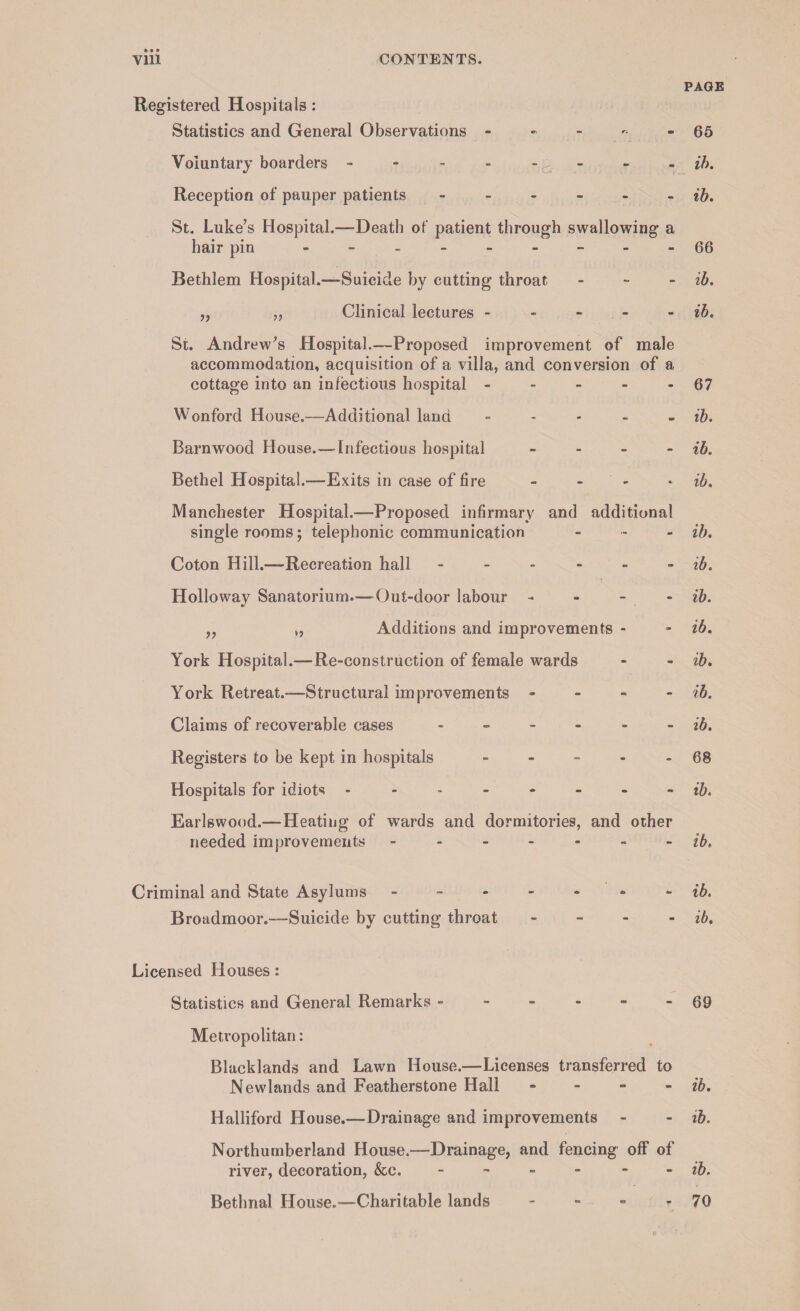 Registered Hospitals: Statistics and General Observations - - Voluntary boarders - - - - ■ Reception of pauper patients - - - - St. Luke’s Hospital.—Death of patient through swallowing a hair pin - Bethlem Hospital.—Suicide by cutting throat > - _ ,, Clinical lectures - - - - - jj St. Andrew’s Hospital.—Proposed improvement of male accommodation, acquisition of a villa, and conversion of a cottage into an infectious hospital - - - - - Wonford House.—Additional land - . - . . Barnwood House.—-Infectious hospital - - _ - Bethel Hospital.—Exits in case of fire - - - Manchester Hospital.-—Proposed infirmary and additional single rooms; telephonic communication _ . Coton Hill.—Recreation hall ------ Holloway Sanatorium.—Out-door labour - - - - ,, „ Additions and improvements - York Hospital.—Re-construction of female wards York Retreat.—Structural improvements - - - - Claims of recoverable cases ------ Registers to be kept in hospitals - - . - - Hospitals for idiots -------- Earlswood.—Heating of w'ards and dormitories, and other needed improvements ------- Criminal and State Asylums - -. Broadmoor.—Suicide by cutting throat - - - - Licensed Houses: Statistics and General Remarks ------ Metropolitan: Blucklands and Lawn House.—Licenses transferred to Newlands and Featherstone Hall - - - - Halliford House.—Drainage and improvements - Northumberland House.—Drainage, and fencing off of river, decoration, &c. - - - - - - Bethnal House.—Charitable lands - - - - PAGE 66 ih. ib, 66 ih. ib. 67 ib. ib. ib, ib. ib. ib. ib, ib, ib. ib. 68 ib. ib. ib. ib, 69 ib. ib. ib. 70