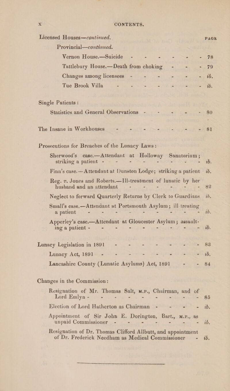 Licensed Houses—continued. paoil Provincial—continued. Vernon House.—Suicide - - - - 78 Tattlebury House.—Death from choking - - - 79 Changes among licensees ib. Tue Brook Villa ------- ib. Single Patients : Statistics and General Observations - - 80 The Insane in Workhouses - - - - - - - 81 Prosecutions for Breaches of the Lunacy Laws : Sherwood’s case.—Attendant at Holloway Sanatorium; striking a patient -------- ib. Finn’s case.—Attendant at IJunston Lodge; striking a patient ib. Reg. v. Jones and Roberts.—Ill-treatment of lunatic by her husband and an attendant - ----- 82 Neglect to forward Quarterly Returns by Clerk to Guardians ib. Small’s case.-—Attendant at Portsmouth Asylum; ill treating a patient ib. Apperley’s case.—Attendant at Gloucester Asylum; assault¬ ing a patient - ib. Lunacy Legislation in 1891 - - - - - - - 83 Lunacy Act, 1891 - - - - - - - ib. Lancashire County (Lunatic Asylums) Act, 1891 - - 84 Changes in the Commission: Resignation of Mr. Thomas Salt, m.p., Chairman, and of Lord Emlyn ---------85 Election of Lord Hatherton as Chairman - ib. Appointment of Sir John E. Dorington, Bart., m.p., as unpaid Commissioner. - ib. Resignation of Dr. Thomas Clifford Allbutt, and appointment of Dr. Frederick Needham as Medical Commissioner - ib.