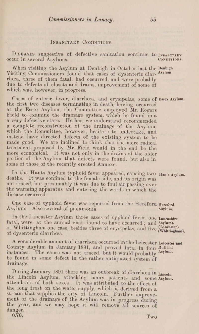 Insanitary Conditions. Diseases suggestive of defective sanitation continue to insanitary occur in several Asylums. Conditions. When visiting the Asylum at Denbigh in October last the Denbigh Visiting Commissioners found that cases of dysenteric diar- Asylum* rhoea, three of them fatal, had occurred, and were probably due to defects of closets and drains, improvement of some of which was, however, in progress. Cases of enteric fever, diarrhoea, and erysipelas, some of Essex Asylum, the first two diseases terminating in death, having occurred at the Essex Asylum, the Committee employed Mr. Rogers Field to examine the drainage system, which he found in a a very defective state. He has, we understand, recommended a complete reconstruction of the drainage of the Asylum, which the Committee, however, hesitate to undertake, and instead have directed defects of the existing system to be made good. We are inclined to think that the more radical treatment proposed by Mr. Field would in the end be the more economical. It was not only in the drains of the older portion of the Asylum that defects were found, but also in some of those of the recently erected Annexe. In the Hants Asylum typhoid fever appeared, causing two Hants Asylum, deaths. It was confined to the female side, and its origin was not traced, but presumably it was due to foul air passing over the warming apparatus and entering the wards in which the disease occurred. One case of typhoid fever was reported from the Hereford Hereford Asylum. Also several of pneumonia. Asylum. In the Lancaster Asylum three cases of typhoid fever, one Lancashire fatal, were, at the annual visit, found to have occurred; and Asylums, at Whittingham one case, besides three of erysipelas, and five x of dysenteric diarrhoea. (Whrnmgham). A considerable amount of diarrhoea occurred in the Leicester Leicester and County Asylum in January 1891, and proved fatal in four Roland instances. The cause was not traced, but it would probably Asylum' be found in some defect in the rather antiquated system of drainage. During January 1891 there was an outbreak of diarrhoea in Lincoln the Lincoln Asylum, attacking many patients and some Asylum, attendants of both sexes. It was attributed to the effect of the long frost on the water supply, which is derived from a stream that supplies the city of Lincoln. Further improve¬ ment of the drainage of the Asylum was in progress during the year, and we may hope it will remove all sources of danger. 0.70. Two