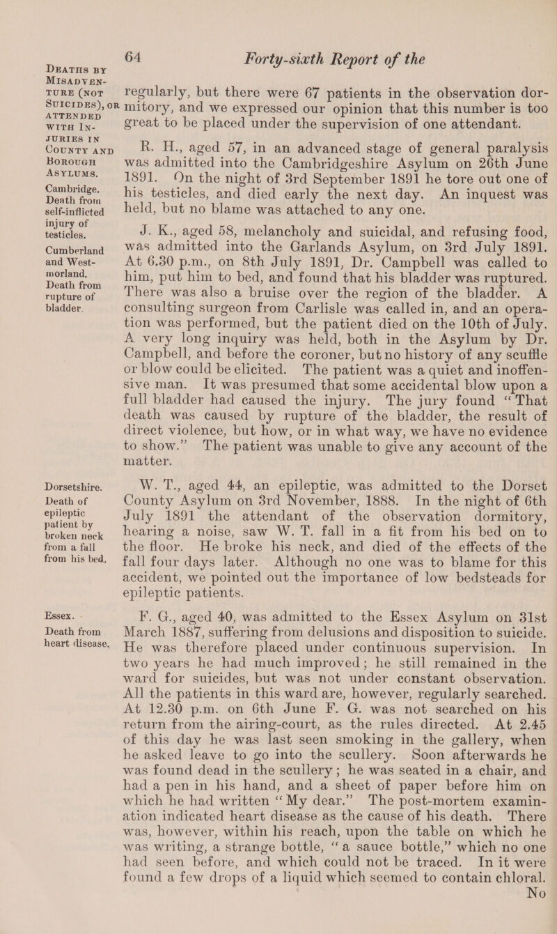 Deaths by Misadven¬ ture (not Suicides), or ATTENDED with In¬ juries in County and Borough Asylums. Cambridge. Death from self-inflicted injury of testicles. Cumberland and West¬ morland. Death from rupture of bladder. Dorsetshire. Death of epileptic patient by broken neck from a fall from his bed. Essex. Death from heart disease. Forty-sixth Report of the regularly, but there were 67 patients in the observation dor¬ mitory, and we expressed our opinion that this number is too great to be placed under the supervision of one attendant. R. H., aged 57, in an advanced stage of general paralysis was admitted into the Cambridgeshire Asylum on 26th June 1891. On the night of 3rd September 1891 he tore out one of his testicles, and died early the next day. An inquest was held, but no blame was attached to any one. J. K., aged 58, melancholy and suicidal, and refusing food, was admitted into the Garlands Asylum, on 3rd July 1891. At 6.30 p.m., on 8th July 1891, Dr. Campbell was called to him, put him to bed, and found that his bladder was ruptured. There was also a bruise over the region of the bladder. A consulting surgeon from Carlisle was called in, and an opera¬ tion was performed, but the patient died on the 10th of July. A very long inquiry was held, both in the Asylum by Dr. Campbell, and before the coroner, but no history of any scuffle or blow could be elicited. The patient was a quiet and inoffen¬ sive man. It was presumed that some accidental blow upon a full bladder had caused the injury. The jury found “ That death was caused by rupture of the bladder, the result of direct violence, but how, or in what way, we have no evidence to show.” The patient was unable to give any account of the matter. W. T., aged 44, an epileptic, was admitted to the Dorset County Asylum on 3rd November, 1888. In the night of 6th July 1891 the attendant of the observation dormitory, hearing a noise, saw W. T. fall in a fit from his bed on to the floor. He broke his neck, and died of the effects of the fall four days later. Although no one was to blame for this accident, we pointed out the importance of low bedsteads for epileptic patients. F. G., aged 40, was admitted to the Essex Asylum on 31st March 1887, suffering from delusions and disposition to suicide. He was therefore placed under continuous supervision. In two years he had much improved; he still remained in the ward for suicides, but was not under constant observation. All the patients in this ward are, however, regularly searched. At 12.30 p.m. on 6th June F. G. was not searched on his return from the airing-court, as the rules directed. At 2.45 of this day he was last seen smoking in the gallery, when he asked leave to go into the scullery. Soon afterwards he was found dead in the scullery; he was seated in a chair, and had a pen in his hand, and a sheet of paper before him on which he had written “ My dear.” The post-mortem examin¬ ation indicated heart disease as the cause of his death. There was, however, within his reach, upon the table on which he was writing, a strange bottle, “ a sauce bottle,” which no one had seen before, and which could not be traced. In it were found a few drops of a liquid which seemed to contain chloral. No