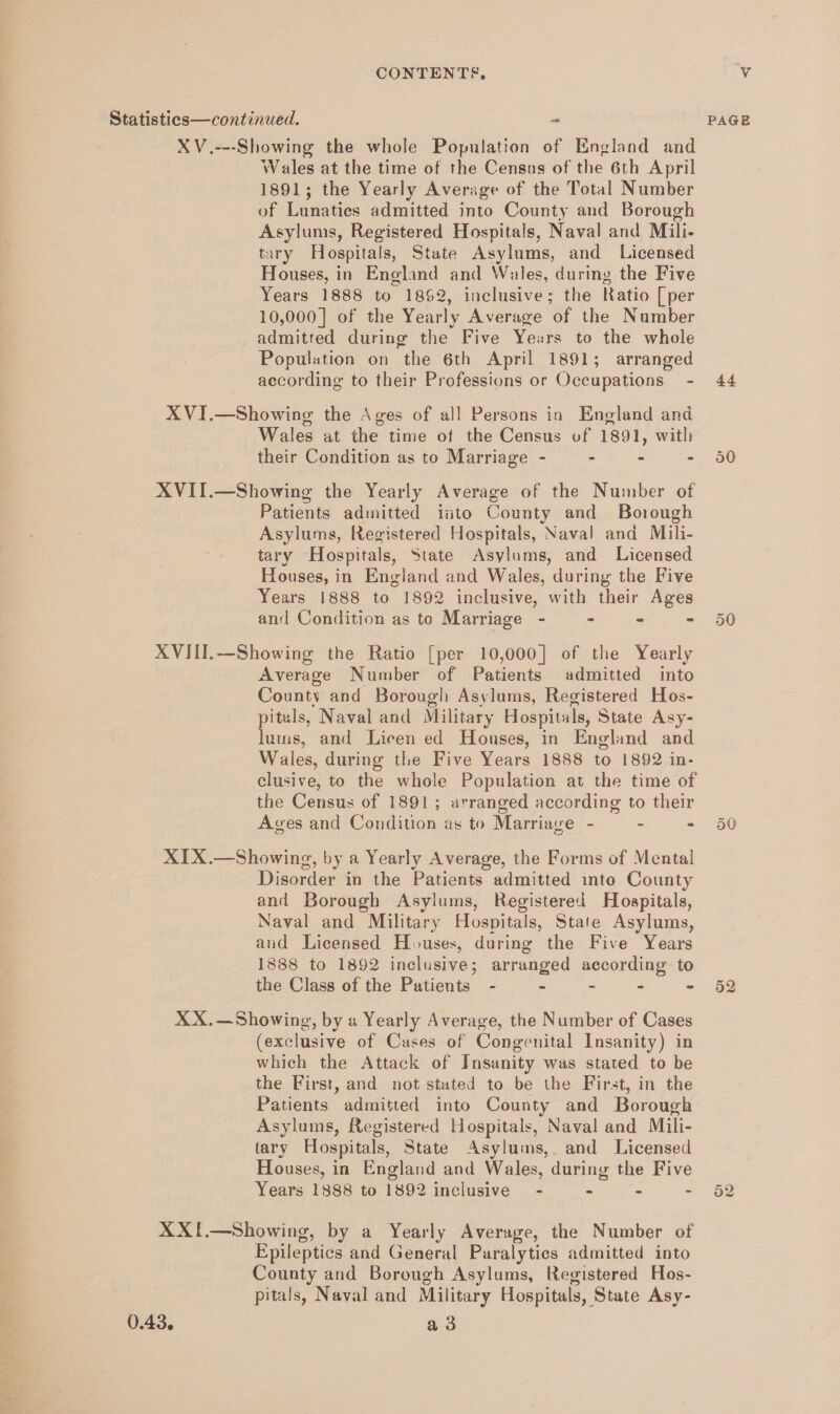 Statistics—continued. ~ page XV.—Showing the whole Population of England and Wales at the time of the Census of the 6th April 1891; the Yearly Average of the Total Number of Lunatics admitted into County and Borough Asylums, Registered Hospitals, Naval and Mili¬ tary Hospitals, State Asylums, and Licensed Houses, in England and Wales, during the Five Years 1888 to 1862, inclusive; the Katio [per 10,000] of the Yearly Average of the Number admitted during the Five Years to the whole Population on the 6th April 1891; arranged according to their Professions or Occupations - 44 XVI.—Showing the Ages of all Persons in England and Wales at the time ot the Census of 1891, with their Condition as to Marriage - - - 50 XVII.—Showing the Yearly Average of the Number of Patients admitted into County and Boiough Asylums, Registered Hospitals, Naval and Mili¬ tary Hospitals, State Asylums, and Licensed Houses, in England and Wales, during the Five Years 1888 to 1892 inclusive, with their Ages and Condition as to Marriage - - - - 50 XVJII.—Showing the Ratio [per 10,000] of the Yearly Average Number of Patients admitted into County and Borough Asylums, Registered Hos¬ pitals, Naval and Military Hospitals, State Asy¬ lums, and Lioen ed Houses, in England and Wales, during the Five Years 1888 to 1892 in¬ clusive, to the whole Population at the time of the Census of 1891 ; arranged according to their Ages and Condition as to Marriage - - - 50 XIX.—Showing, by a Yearly Average, the Forms of Mental Disorder in the Patients admitted into County and Borough Asylums, Registered Hospitals, Naval and Military Hospitals, Stale Asylums, and Licensed Houses, during the Five Years 1888 to 1892 inclusive; arranged according to the Class of the Patients - - - - - 52 XX. — Showing, by a Yearly Average, the Number of Cases (exclusive of Cases of Congenital Insanity) in which the Attack of Insanity was stated to be the First, and not stated to be the First, in the Patients admitted into County and Borough Asylums, Registered Hospitals, Naval and Mili¬ tary Hospitals, State Asylums, and Licensed Houses, in England and Wales, during the Five Years 1888 to 1892 inclusive - - - 52 XXI.—Showi ng, by a Yearly Average, the Number of Epileptics and General Paralytics admitted into County and Borough Asylums, Registered Hos¬ pitals, Naval and Military Hospitals, State Asy- a 3 0.43.