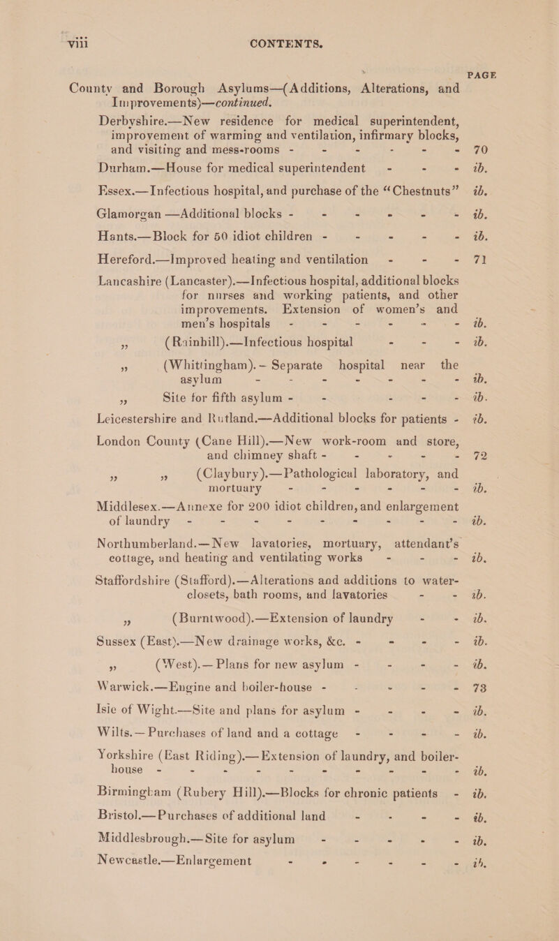 PAGE County and Borough Asylums—(Additions, Alterations, and Improvements)—continued. Derbyshire.—New residenee for medical superintendent, improvement of warming and ventilation, infirmary blocks, and visiting and mess-rooms - - 70 Durham.—House for medical superintendent - ib. Essex.—Infectious hospital, and purchase of the (i Chestnuts” ib. Glamorgan —Additional blocks - ib. Hants.—Block for 50 idiot children - - - - - ib. Hereford.—Improved healing and ventilation - - - 71 Lancashire (Lancaster).-—Infectious hospital, additional blocks for nurses and working patients, and other improvements. Extension of women’s and men’s hospitals ------ ib. „ (Rainhill).—Infectious hospital - ib. „ (Whitiingham). - Separate hospital near the asylum ------- ib. „ Site for fifth asylum - - ib, Leicestershire and Rutland.—-Additional blocks for patients - ib. London County (Cane Hill).—New work-room and store, and chimney shaft - - «■ - - 72 «/ „ „ (Claybury).—Pathological laboratory, and mortuary ib. Middlesex.—Annexe for 200 idiot children,and enlargement of laundry --------- ib. Northumberland. —New lavatories, mortuary, attendant’s cottage, and heating and ventilating works - ib. Staffordshire (Stafford).—Alterations and additions to water- closets, bath rooms, and lavatories - - ib. „ (Burntwood).—-Extension of laundry - - ib. Sussex (East).—New drainage works, &c. - ib. „ (West). — Plans for new asylum - ib. Warwick.—Engine and boiler-house - - - - - 73 Isle of Wight.—Site and plans for asylum - ib. Wilts. — Purchases of land and a cottage - ib. Yorkshire (East Riding).— Extension of laundry, and boiler- house .ib. Birmingham (Rubery Hill).—-Blocks for chronic patients - ib. Bristol.— Purchases of additional land - ib. Middlesbrough.— Site for asylum - - - - - ib. Newcastle.—Enlargement jb.