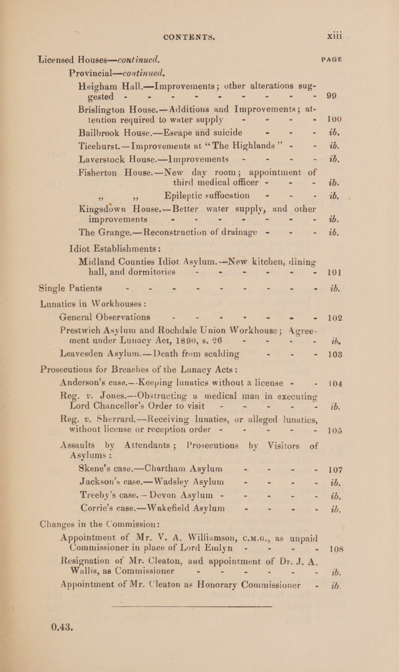 Licensed Houses—continued. page Provincial—continued. Heigham Hall.—Improvements; other alterations sug¬ gested ---------99 Brislington House.—Additions and Improvements; at¬ tention required to water supply - - - - 100 Bailbrook House.—Escape and suicide - ib. Ticehurst.—Improvements at “ The Highlands ” - - ib. Laverstock House.—Improvements - ib. Fisherton House.—New day room; appointment of third medical officer - - - if). ,, ,, Epileptic suffocation - ib. Kingsdown House.—Better water supply, and other improvements ------- ib. The Grange.—Reconstruction of drainage - ib. Idiot Establishments; Midland Counties Idiot Asylum.— New kitchen, dining v ' O hall, and dormitories - - - - - -101 Single Patients --------- ib. Lunatics in Workhouses: General Observations - - - - - - -102 Prestwich Asylum and Rochdale Union Workhouse; Agree¬ ment under Lunacy Act, 1890, s. 26 - - - - ib. Leavesden Asylum. — Death from scalding - - - 103 Prosecutions for Breaches of the Lunacy Acts : Anderson’s case.—-Keeping lunatics without a license - - 104 Reg. v. Jones.—Obstructing a medical man in executing Lord Chancellor’s Order to visit - - - - - ib. Reg. v. Sherrard.—Receiving lunatics, or alleged lunatics, without license or reception order - - - - - 105 Assaults by Attendants ; Prosecutions by Visitors of Asylums : Skene’s case.-— Chartham Asylum - - - - 107 Jackson’s case.—Wadsley Asylum - - - - ib. Treeby’s case. —Devon Asylum - - - - - ib. Corrie’s case.—Wakefield Asylum - - - - ib. Changes in the Commission: Appointment of Mr. V. A. Williamson, c.m.g., as unpaid Commissioner in place of Lord Emlyn - 108 Resignation of Mr. Cleaton, and appointment of Dr. J. A. Wallis, as Commissioner ------ ib. Appointment of Mr. Cleaton as Honorary Commissioner - ib. 0.43.