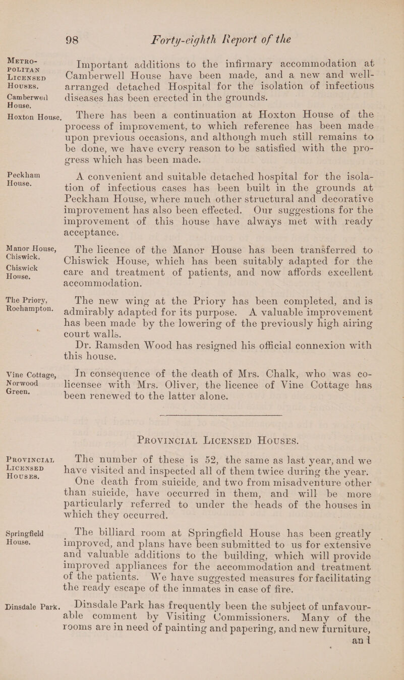 Metro¬ politan Licensed Houses. Camberweil House. Hoxton House. Peckham House. Manor House, Chiswick. Chiswick House. The Priory, Koehampton. Vine Cottage, Norwood Green. Important additions to the infirmary accommodation at Camberwell House have been made, and a new and well- arranged detached Hospital for the isolation of infectious diseases has been erected in the grounds. There has been a continuation at Hoxton House of the process of improvement, to which reference has been made upon previous occasions, and although much still remains to be done, we have every reason to be satisfied with the pro¬ gress which has been made. A convenient and suitable detached hospital for the isola¬ tion of infectious cases has been built in the grounds at Peckham House, where much other structural and decorative improvement has also been effected. Our suggestions for the improvement of this house have always met with ready acceptance. The licence of the Manor House has been transferred to Chiswick House, which has been suitably adapted for the care and treatment of patients, and now affords excellent accommodation. The new wing at the Priory has been completed, and is admirably adapted for its purpose. A valuable improvement has been made by the lowering of the previously high airing court walls. Hr. Pamsden Wood has resigned his official connexion with this house. In consequence of the death of Mrs. Chalk, who was co¬ licensee with Mrs. Oliver, the licence of Vine Cottage has been renewed to the latter alone. Provincial Licensed Houses. Provincial Licensed Houses. The number of these is 52, the same as last year, and we have visited and inspected all of them twice during the year. One death from suicide, and two from misadventure other than suicide, have occurred in them, and will be more particularly referred to under the heads of the houses in which they occurred. Springfield . The billiard room at Springfield House has been greatly House. improved, and plans have been submitted to us for extensive and valuable additions to the building, which will provide improved appliances for the accommodation and treatment of the patients. We have suggested measures for facilitating the ready escape of the inmates in case of fire. Dinsdale Park. Dinsdale Park has frequently been the subject of unfavour¬ able comment by Visiting Commissioners. Many of the rooms are in need of painting and papering, and new furniture, an I