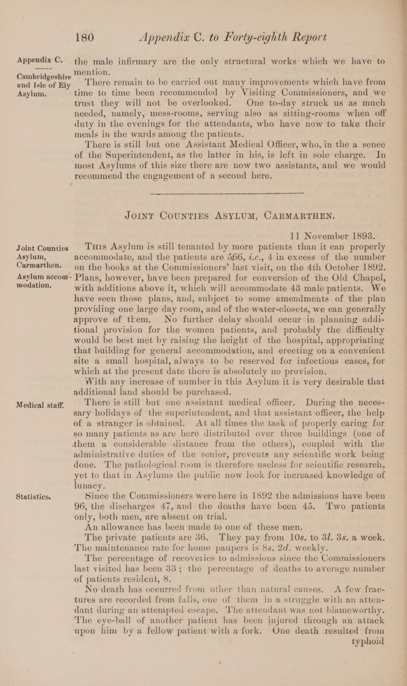 Appendix C. the male infirmary are the only structural works which we have to p. b77 b- mention. and Isle of Ely There remain to he carried out many improvements which have from Asylum. time to time been recommended by Visiting Commissioners, and we trust they will not be overlooked. One to-day struck us as much needed, namely, mess-rooms, serving also as sitting-rooms when off duty in the evenings for the attendants, who have now to take their meals in the wards among the patients. There is still hut one Assistant Medical Officer, who, in the a sence of the Superintendent, as the latter in his, is left in sole charge. In most Asylums of this size there are now two assistants, and we would recommend the engagement of a second here. Joint Counties Asylum, Carmarthen. Joint Counties Asylum, Carmarthen. Asylum accom¬ modation. Medical staff. Statistics. During the neces- 11 November 1893. This Asylum is still tenanted by more patients than it can properly accommodate, and the patients are 5.66, i.e., 4 in excess of the number on the books at the Commissioners’ last visit, on the 4tli October 1892. Plans, however, have been prepared for conversion of the Old Chapel, with additions above it, which will accommodate 43 male patients. We have seen those plans, and, subject to some amendments of the plan providing one large day room, and of the water-closets, we can generally approve of them. No further delay should occur in planning addi¬ tional provision for the women patients, and probably the difficulty would be best met by raising the height of the hospital, appropriating that building for general accommodation, and erecting on a convenient site a small hospital, always to be reserved for infectious cases, for which at the present date there is absolutely no provision. With any increase of number in this Asylum it is very desirable that additional land should be purchased. There is still but one assistant medical officer, sary holidays of the superintendent, and that assistant officer, the help of a stranger is obtained. At all times the task of properly caring for so many patients as are here distributed over three buildings (one of •them a considerable distance from the others), coupled with the administrative duties of the senior, prevents any scientific work being done. The pathological room is therefore useless for scientific research, yet to that in Asylums the public now look for increased knowledge of lunacy. Since the Commissioners were here in 1892 the admissions have been 96, the discharges 47, and the deaths have been 45. Two patients only, both men, are absent on trial. An allowance has been made to one of these men. The private patients are 36. They pay from 10s. to 31. 3s. a week. The maintenance rate for home paupers is 8s. 2d. weekly. The percentage of recoveiies to admissions since the Commissioners last visited has been 33 ; the percentage of deaths to average number of patients resident, 8. No death has occurred from other than natural causes. A few frac¬ tures are recorded from falls, one of them in a struggle with an atten¬ dant during an attempted escape. The attendant was not blameworthy. The eye-hall of another patient has been injured through an attack upon him by a fellow patient with a fork. One death resulted from typhoid