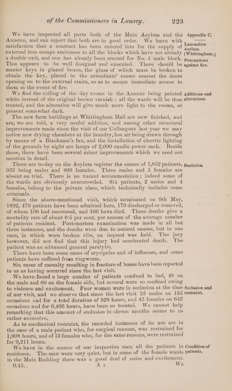 We have inspected all parts both of the Main Asylum and the Appendix C. Annexe, and can report that both are in good order. We learn with —— satisfaction that a contract has been entered into for the supply of Asylum*11™ external iron escape staircases to all the blocks which have not already (Whitting-ham.) a double exit, and one has already been erected for No. 4 male block. Precautions This appears to be well designed and executed. There should be against fire, master keys in glazed boxes, the glass of which must be broken to obtain the key, placed in the attendants’ rooms nearest the doors opening on to the external stairs, so as to secure immediate access to them m the event of fire. We find the coiling of the day rooms in the Annexe being painted Additions and white instead of the original brown varnish ; all the wards will be thus alterations, treated, and the alteration will give much more light to the rooms, at present somewhat dark. The new farm buildings at Whittingham Hall are now finished, and are, we are told, a very useful addition, and among other structural improvements made since the visit of our Colleagues last year we may notice new drying chambers at the laundry, hot air being drawn through by means of a Blackman’s fan, and the installation of electric lighting of the grounds by eight arc lamps of 2,000 candle power each. Beside these, there have been several minor improvements which we need not mention in detail. There are to-day on the Asylum register the names of 1,852 patients, statistics. 953 being males and 899 females. Three males and 5 females are absent on trial. There is no vacant accommodation ; indeed some of the wards are obviously overcrowded. Six patients, 2 males and 4 females, belong to the private class, which technically includes some criminals. Since the above-mentioned visit, which terminated on 9th May, 1892, 479 patients have been admitted here, 179 discharged or removed, of whom 106 had recovered, and 166 have died. These deaths give a mortality rate of about 8*5 per cent, per annum of the average number of patients resident. Post-mortem examination was made in all but three instances, and the deaths were due to natural causes, but in one case, in which were broken ribs, an inquest was held. The jury however, did not find that this injury had accelerated death. The patient was an advanced general paralytic. There have been some cases of erysipelas and of influenza, and some patients have suffered from ringworm. Six cases of casualty resulting in fracture of bones have been reported to us as having occurred since the last visit. We have found a large number of patients confined to bed, 48 on the male and 60 on the female side, but several were so confined owing to violence and excitement. Four women were in seclusion at the time Seclusion and of our visit, and we observe that since the last visit 25 males on 135 restraint, occasions and for a total duration of 929 hours, and 45 females on 642 occasions and for 6,466 hours, have been so treated. W e cannot help remarking that this amount of seclusion in eleven months seems to us rather excessive. As to mechanical restraint, the recorded instances of its use are in the case of a male patient who, for surgical reasons, was restrained for 1,008 hours, and of 13 females who, for the same reasons, were restrained for 9,211 hours. 4Ve have in the course of our inspection seen all the patients in Condition of residence. The men were very quiet, but in some of the female wards patients, in the Main Building there was a good deal of noise and excitement. 0,43. A a We