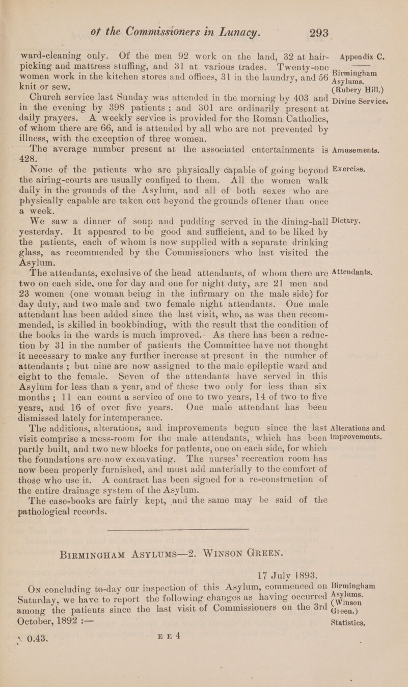 ward-cleaning only. Of the men 92 work on the land, 32 at hair- Appendix C. picking and mattress stuffing, and 31 at various trades. Twenty-one .- women work in the kitchen stores and offices, 31 in the laundry, and 56 A^Tums^™ knit or sew. (RuberyHill.) Church service last Sunday was attended in the morning by 403 and Diviue Service, in the eveuing by 398 patients ; and 301 are ordinarily present at daily prayers. A weekly service is provided for the Roman Catholics, of whom there are 66, and is attended by all who are not prevented by illness, with the exception of three women. The average number present at the associated entertainments is Amusements. 428. None of the patients who are physically capable of going beyond Exercise, the airing-courts are usually confined to them. All the women walk daily in the grounds of the Asylum,' and all of both sexes who are physically capable are taken out beyond the grounds oftener than once a week. We saw a dinner of soup and pudding served in the dining-hall Dietary, yesterday. It appeared to be good and sufficient, and to be liked by the patients, each of whom is now supplied with a separate drinking glass, as recommended by the Commissioners who last visited the Asylum. The attendants, exclusive of the head attendants, of whom there are Attendants, two on each side, one for day and one for night duty, are 21 men and 23 women (one woman being in the infirmary on the male side) for day duty, and two male and two female night attendants. One male attendant has been added since the last visit, who, as was then recom¬ mended, is skilled in bookbinding, with the result that the condition of the books in the wards is much improved.- As there has been a reduc¬ tion by 31 in the number of patients the Committee have not thought it necessary to make any further increase at present in the number of attendants ; but nine are now assigned to the male epileptic ward and eight to the female. Seven of the attendants have served in this Asylum for less than a year, and of these two only for less than six months ; 11 can count a service of one to two years, 14 of two to five years, and 16 of over five years. One male attendant has been dismissed lately for intemperance. The additions, alterations, and improvements begun since the last Alterations and visit comprise a mess-room for the male attendants, which has been improvements, partly built, and two new blocks for patients, one on each side, for which the foundations are now excavating. The nurses’ recreation room has now been properly furnished, and must add materially to the comfort of those who use it. A contract has been signed for a re-construction of the entire drainage system of the Asylum. The case-books are fairly kept, and the same may be said of the pathological records. Birmingham Asylums—2. Winson Green. 17 July 1893. On concluding to-day our inspection of this Asylum, commenced on Birmingham Saturday, we have to report the following changes as having occurred c^na“®- among the patients since the last visit of Commissioners on the 3rd Qleen>^ October, 1892 : - Statistics, v 0.43.