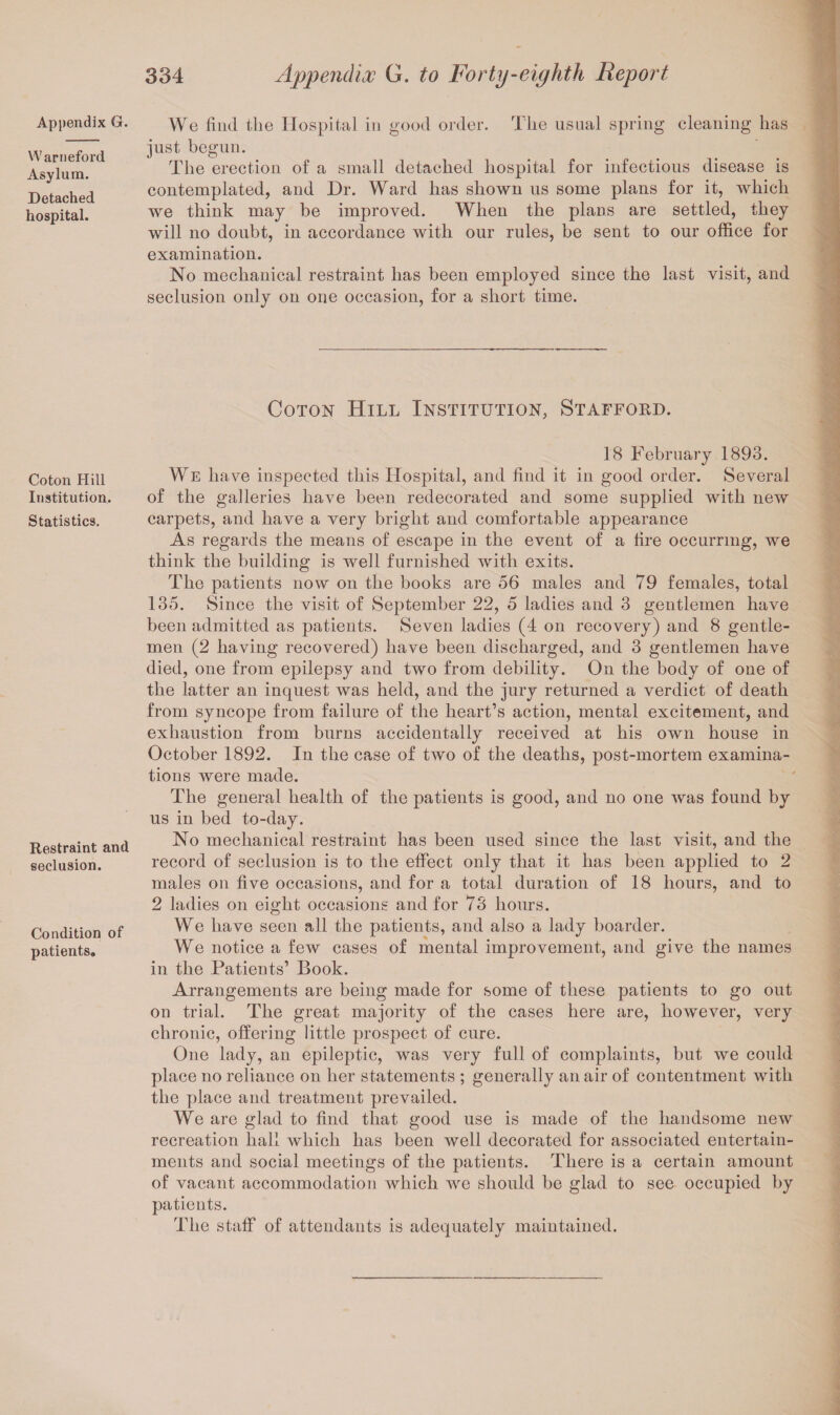 Appendix G. Warneford Asylum. Detached hospital. We find the Hospital in good order. The usual spring cleaning has just begun. The erection of a small detached hospital for infectious disease is contemplated, and Dr. Ward has shown us some plans for it, which we think may be improved. When the plans are settled, they will no doubt, in accordance with our rules, be sent to our office for examination. No mechanical restraint has been employed since the last visit, and seclusion only on one occasion, for a short time. Coton Hill Institution, Stafford. Coton Hill Institution. Statistics. Restraint and seclusion. Condition of patients. 18 February 1893. We have inspected this Hospital, and find it in good order. Several of the galleries have been redecorated and some supplied with new carpets, and have a very bright and comfortable appearance As regards the means of escape in the event of a fire occurring, we think the building is well furnished with exits. The patients now on the books are 56 males and 79 females, total 135. Since the visit of September 22, 5 ladies and 3 gentlemen have been admitted as patients. Seven ladies (4 on recovery) and 8 gentle¬ men (2 having recovered) have been discharged, and 3 gentlemen have died, one from epilepsy and two from debility. On the body of one of the latter an inquest was held, and the jury returned a verdict of death from syncope from failure of the heart’s action, mental excitement, and exhaustion from burns accidentally received at his own house in October 1892. In the case of two of the deaths, post-mortem examina¬ tions were made. The general health of the patients is good, and no one was found by us in bed to-day. No mechanical restraint has been used since the last visit, and the record of seclusion is to the effect only that it has been applied to 2 males on five occasions, and for a total duration of 18 hours, and to 2 ladies on eight occasions and for 73 hours. We have seen all the patients, and also a lady boarder. We notice a few cases of mental improvement, and give the names in the Patients’ Book. Arrangements are being made for some of these patients to go out on trial. The great majority of the cases here are, however, very chronic, offering little prospect of cure. One lady, an epileptic, was very full of complaints, but we could place no reliance on her statements ; generally an air of contentment with the place and treatment prevailed. We are glad to find that good use is made of the handsome new recreation hall which has been well decorated for associated entertain¬ ments and social meetings of the patients. There is a certain amount of vacant accommodation which we should be glad to see occupied by patients. The staff of attendants is adequately maintained.