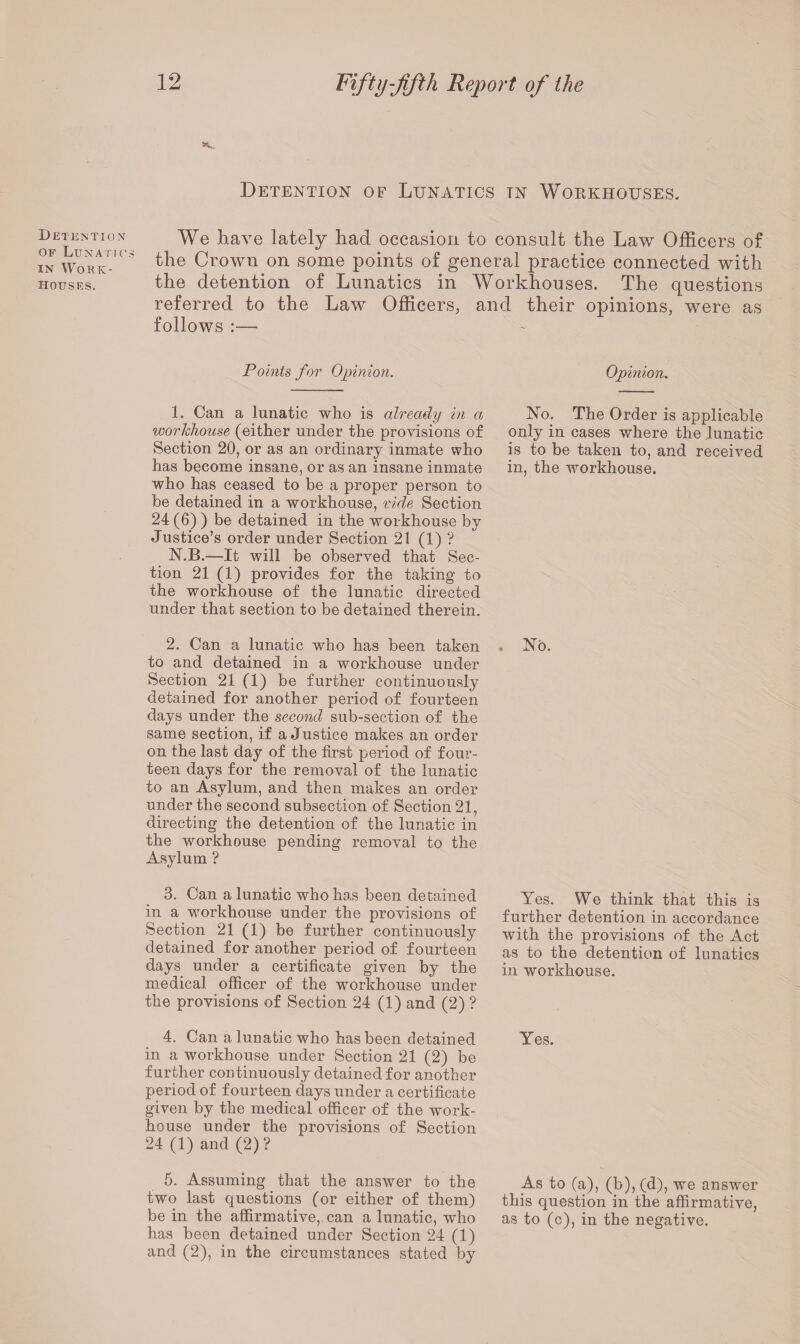 Detention of Lunatk in Work- houses. Detention of Lunatics tn Workhouses. We have lately had occasion to consult the Law Officers of s the Crown on some points of general practice connected with the detention of Lunatics in Workhouses. The questions referred to the Law Officers, and their opinions, were as follows :— Points for Opinion. Opinion. 1. Can a lunatic who is already in a workhouse (either under the provisions of Section 20, or as an ordinary inmate who has become insane, or as an insane inmate who has ceased to be a proper person to be detained in a workhouse, vide Section 24 (6) ) be detained in the workhouse by Justice’s order under Section 21 (1) ? N.B.—It will be observed that Sec¬ tion 21 (1) provides for the taking to the workhouse of the lunatic directed under that section to be detained therein. 2. Can a lunatic who has been taken to and detained in a workhouse under Section 21 (1) be further continuously detained for another period of fourteen days under the second sub-section of the same section, if a Justice makes an order on the last day of the first period of four¬ teen days for the removal of the lunatic to an Asylum, and then makes an order under the second subsection of Section 21, directing the detention of the lunatic in the workhouse pending removal to the Asylum ? 3. Can a lunatic who has been detained in a workhouse under the provisions of Section 21 (1) be further continuously detained for another period of fourteen days under a certificate given by the medical officer of the workhouse under the provisions of Section 24 (1) and (2) ? 4. Can a lunatic who has been detained in a workhouse under Section 21 (2) be further continuously detained for another period of fourteen days under a certificate given by the medical officer of the work- house under the provisions of Section 24 (1) and (2)? 5. Assuming that the answer to the two last questions (or either of them) be in the affirmative, can a lunatic, who has been detained under Section 24 (1) and (2), in the circumstances stated by No. The Order is applicable only in cases where the lunatic is to be taken to, and received in, the workhouse. . No. Yes. We think that this is further detention in accordance with the provisions of the Act as to the detention of lunatics in workhouse. Yes. As to (a), (b), (d), we answer this question in the affirmative, as to (c), in the negative.