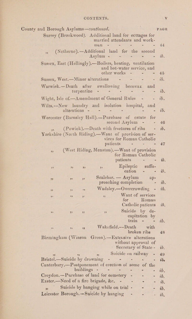 County and Borough Asylums—continued. page Surrey (Brookwood). Additional land for cottages for married attendants and work¬ men - - - - 44 „ (Netherne).—Additional land for the second Asylum - - - - ib. Sussex, East (Hellingly).—-Boilers, heating, ventilation and hot-water service, and other works - - 45 Sussex, West.—Minor alterations - - - - ib. Warwick. —Death after swallowing beeswax and turpentine ib. Wight, Isle of.—Amendment of General Rules - - ib. Wilts. “~New laundry and isolation hospital, and alterations - - ib. Worcester (Barnsley Hull).—Purchase of estate for second Asylum - - 46 ,, (Powick).—Death with fractures of ribs - ib. Yorkshire (North Riding).—Want of provision of ser¬ vices for Roman Catholic patients - - -47 ,, (West Riding, Menston).—Want of provision for Roman Catholic patients - ib. ,, „ j, Epileptic suffo¬ cation - - ib. „ ,, ,, Scalebor. — Asylum ap¬ proaching completion - ib. ,, ,, ,, Wadsley.—Overcrowding - ib. ,, ,, ,, ,. Want of services for Roman Catholic patients ib. ,, j, „ ,, Suicide by de¬ capitation by train - - ib. „ ,> „ Wakefield.—Death with broken ribs 48 Birmingham (Winson Green).—Extensive alterations without approval of Secretary of State - ib. ,, ,, „ Suicide on railway - 49 Bristol.—Suicide by drowning - - - - - ib* Canterbury.—Postponement of erection of some of the buildings.• ib. Croydon.—Purchase of land for cemetery - Exeter.—Need of a fire brigade, &c. - nK „ Suicide by hanging while on trial - - - ^ Leicester Borough.—Suicide by hanging - - . ^