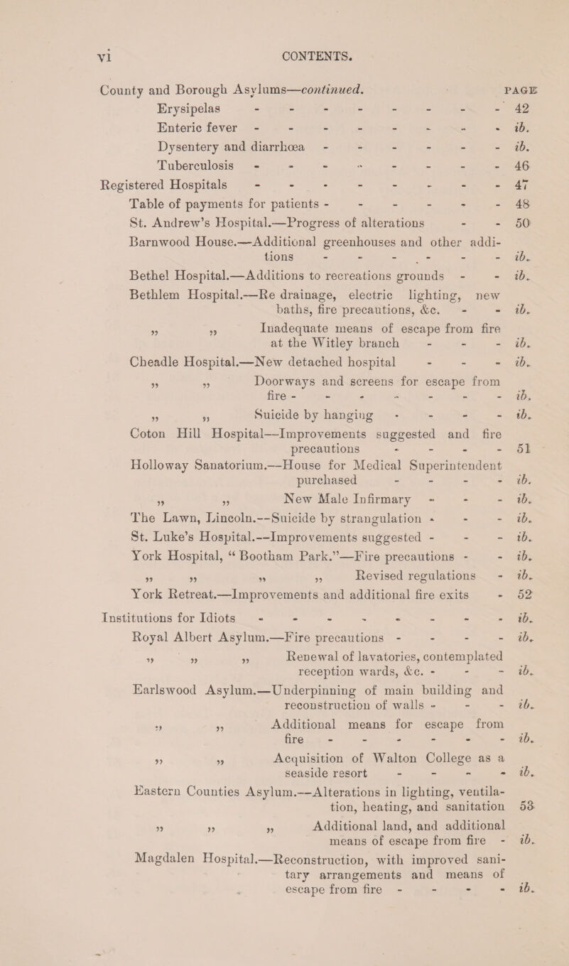 County and Borough Asylums—continued. page Erysipelas 42 Enteric fever - - - - - - - - ib. Dysentery and diarrhoea - - - - ■■ - ib. Tuberculosis - -- -- -- - 46 Registered Hospitals - -.--.-.47 Table of payments for patients - - - - - -48 St. Andrew’s Hospital.-—Progress of alterations - - 50 Barnwood House.—-Additional greenhouses and other addi¬ tions - - - - - ib. Bethel Hospital.—Additions to recreations grounds - - ib. Bethlem Hospital.-—Re drainage, electric lighting, new baths, fire precautions, &c. „ „ Inadequate means of escape from fire at the Witley branch - Cheadle Hospital.—New detached hospital - „ „ Doorways and screens for escape from fire ------- „ „ Suicide by hanging • Coton Hill Hospital—Improvements suggested and fire precautions - Holloway Sanatorium.—House for Medical Superintendent purchased - ,, ,, New Male Infirmary - The Lawn, Lincoln.—Suicide by strangulation * St. Luke’s Hospital.—Improvements suggested - York Hospital, u Bootham Park.”—Fire precautions - „ „ „ ,, Revised regulations York Retreat.—Improvements and additional fire exits Institutions for Idiots - -- -- -- - Royal Albert Asylum.—Fire precautions - „ „ „ Renewal of lavatories, contemplated reception wards, &c. - Earls wood Asylum.—Underpinning of main building and reconstruction of walls - - - Additional means for escape from fire ------ Acquisition of Walton College as a seaside resort - ib. ib. ib. ib» ib* 51 ib. ib. ib. ib. ib. ib* 52 ib* ib. ib. ib. ib. ib. Eastern Counties Asylum.—Alterations in lighting, ventila¬ tion, heating, and sanitation 53 ,, „ Additional land, and additional means of escape from fire - ib. Magdalen Hospital.—Reconstruction, with improved sani¬ tary arrangements and means of escape from fire - - - - ib.