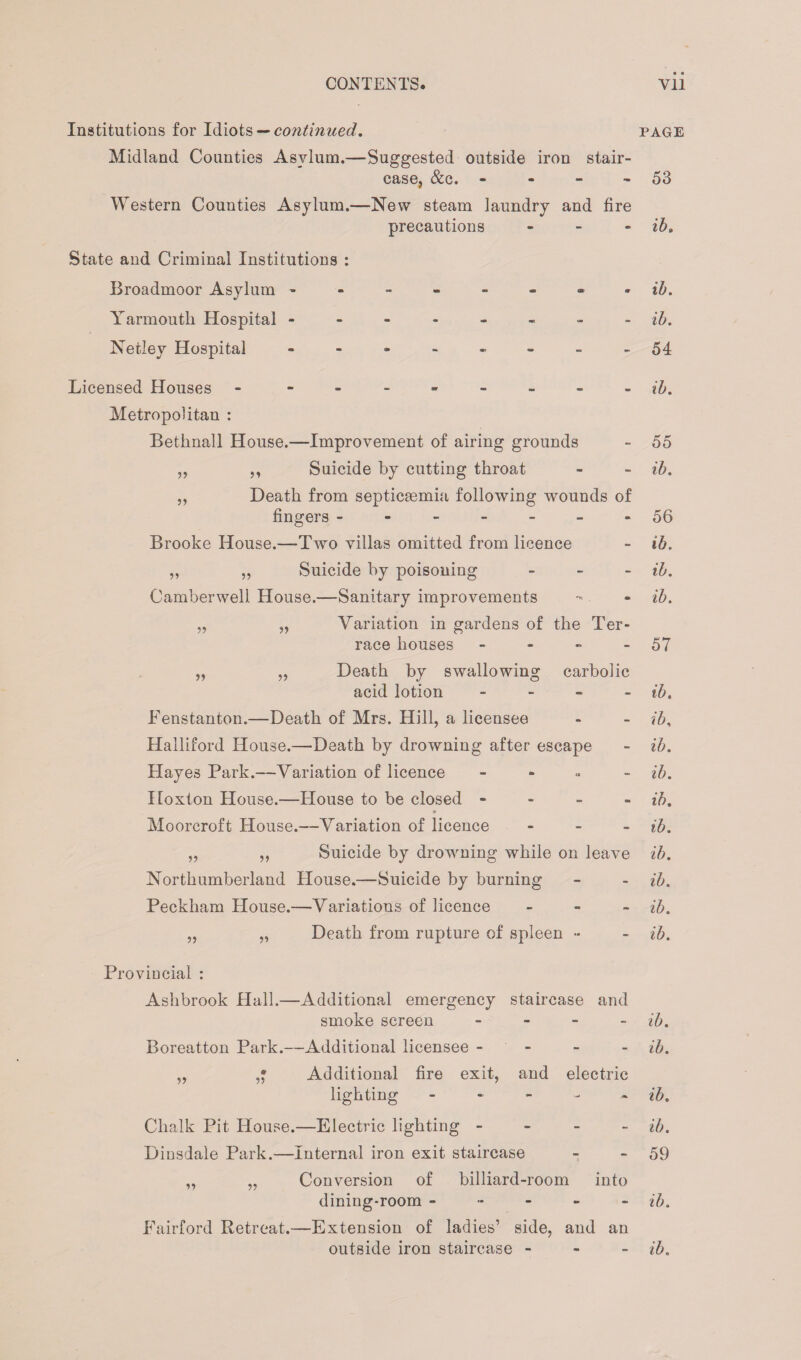 Institutions for Idiots — continued. page Midland Counties Asylum.—Suggested outside iron stair¬ case, &c. - - - - 53 Western Counties Asylum.—New steam laundry and fire precautions - ib. State and Criminal Institutions : Broadmoor Asylum -------- Yarmouth Hospital -------- Netley Hospital -------- Licensed Houses - - -- -- -- - Metropolitan : Betlmall House.—Improvement of airing grounds „ ,, Suicide by cutting throat „ Death from septicaemia following wounds of fingers ------- Brooke House.—Two villas omitted from licence ,, „ Suicide by poisoning - Camberwell House.—Sanitary improvements „ „ Variation in gardens of the Ter¬ race houses - „ „ Death by swallowing carbolic acid lotion - Fenstanton.—Death of Mrs. Hill, a licensee Halliford House.—-Death by drowning after escape Hayes Park.—Variation of licence - Iloxton House.—House to be closed - Moorcroft House.—Variation of licence - „ ,, Suicide by drowning while on leave Northumberland House.—Suicide by burning Peckham House.—Variations of licence - „ „ Death from rupture of spleen - ib. ib. 54 ib. 55 ib. 56 ib. ib. ib. 57 ib. ib, ib. ib. ib. ib. ib. ib. ib. ib. Provincial : Ashbrook Hall.—Additional emergency staircase and smoke screen - ib. Boreatton Park.—Additional licensee - ib. ,, ,• Additional fire exit, and electric lighting - - - - - ib. Chalk Pit House.—Electric lighting - ib. Dinsdale Park.—Internal iron exit staircase - - 59 „ „ Conversion of billiard-room into dining-room ----- - ib. Fairford Retreat.—Extension of ladies’ side, and an outside iron staircase - ib.