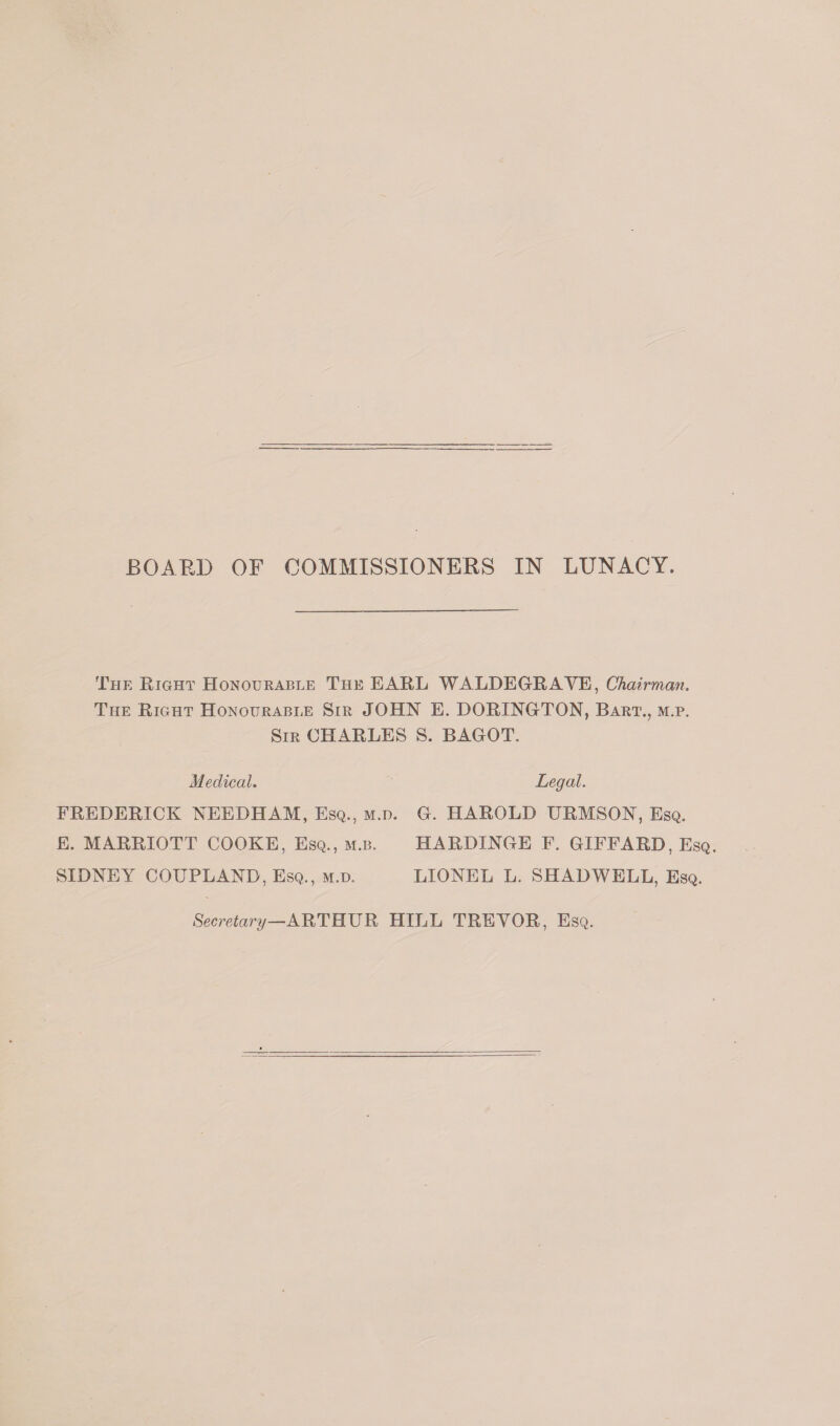 The Right Honourable The EARL WALDEGRAYE, Chairman. The Right Honourable Sir JOHN E. DORINGTON, Bart., m.p. Sir CHARLES S. BAGOT. Medical. Legal. FREDERICK NEEDHAM, Esq., m.d. G. HAROLD URMSON, Esq. E. MARRIOTT COOKE, Esq., m.b. HARDINGE F. GIFFARD, Esq. SIDNEY COUPLAND, Esq., m.d. LIONEL L. SHADWELL, Esq. Secretary—ARTHUR HILL TREYOR, Esq.