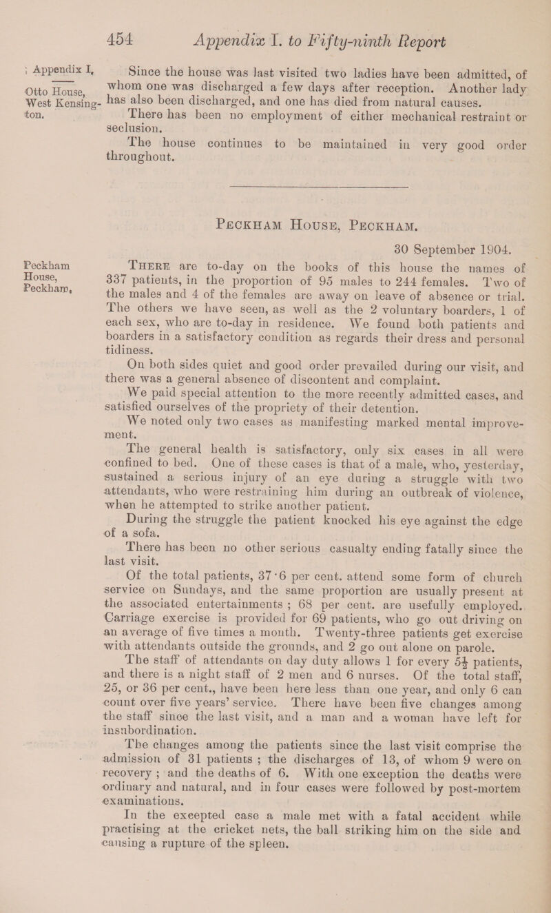Otto House, West Reusing ton. Peckkam House, Peckharo, 454 Appendix I. to Fifty-ninth Report Since the house was last visited two ladies have been admitted, of whom one was discharged a few days after reception. Another lady has also been discharged, and one has died from natural causes. There has been no employment of either mechanical restraint or seclusion. The house continues to be maintained in very good order throughout. Peckham House, Peckham. 30 September 1904. There are to-day on the books of this house the names of 337 patients, in the proportion of 95 males to 244 females. Two of the males and 4 of the females are away on leave of absence or trial. The others we have seen, as well as the 2 voluntary boarders, 1 of each sex, who are to-day in residence. We found both patients and boarders in a satisfactory condition as regards their dress and personal tidiness. On both sides quiet and good order prevailed during our visit, and there was a general absence of discontent and complaint. We paid special attention to the more recently admitted cases, and satisfied ourselves of the propriety of their detention. We noted only two cases as manifesting marked mental improve¬ ment. The general health is satisfactory, only six cases in all were confined to bed. One of these cases is that of a male, who, yesterday, sustained a serious injury of an eye during a struggle with two attendants, who were restraining him during an outbreak of violence, when he attempted to strike another patient. During the struggle the patient knocked his eye against the edge of a sofa. There has been no other serious casualty ending fatally since the last visit. Of the total patients, 37*6 per cent, attend some form of church service on Sundays, and the same proportion are usually present at the associated entertainments ; 68 per cent, are usefully employed. Carriage exercise is provided for 69 patients, who go out driving on an average of five times a month. Twenty-three patients get exercise with attendants outside the grounds, and 2 go out alone on parole. The staff of attendants on day duty allows 1 for every 5^ patients, and there is a night staff of 2 men and 6 nurses. Of the total staff, 25, or 36 per cent., have been here less than one year, and only 6 can count over five years’ service. There have been five changes among the staff since the last visit, and a man and a woman have left for insubordination. The changes among the patients since the last visit comprise the admission of 31 patients ; the discharges of 13, of whom 9 were on recovery ; and the deaths of 6. With one exception the deaths were ordinary and natural, and in four cases were followed by post-mortem examinations. In the excepted case a male met with a fatal accident while practising at the cricket nets, the ball striking him on the side and causing a rupture of the spleen.