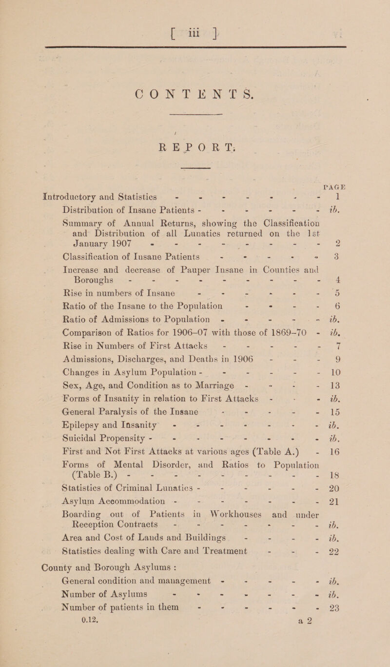 CONTENTS. / REPORT, PAGE Introductory and Statistics ------- 1 Distribution of Insane Patients - - - - - - ib. Summary of Annual Returns, showing the Classification and Distribution of all Lunatics returned on the 1st January 1907 2 Classification of Insane Patients 3 Increase and decrease of Pauper Insane in Counties and Boroughs - -- -- - - -- 4 Rise in numbers of Insane ------ 5 Ratio of the Insane to the Population (5 Ratio of Admissions to Population - - - - ib. Comparison of Ratios for 1906-07 with those of 1869-70 - ib. Rise in Numbers of First Attacks ----- 7 Admissions, Discharges, and Deaths in 1906 9 Changes in Asylum Population ------ 10 Sex, Age, and Condition as to Marriage - - - 13 Forms of Insanity in relation to First Attacks - - ib. General Paralysis of the Insane - - - - - 15 Epilepsy and Insanity ------- ib. Suicidal Propensity - - -* - - - - - ib. First and Not First Attacks at various ages (Table A.) - 16 Forms of Mental Disorder, and Ratios to Population (Table B.) --------- 18 Statistics of Criminal Lunatics ------ 20 Asylum Accommodation - - - - - - - 21 Boarding out of Patients in Workhouses and under Reception Contracts ib. Area and Cost of Lands and Buildings - ib. Statistics dealing with Care and Treatment - - - 22 County and Borough Asylums : General condition and management Number of Asylums Number of patients in them 0.12. - ib. - ib. - 23