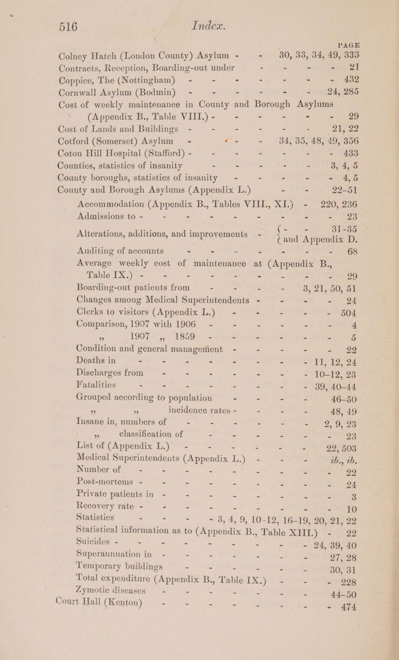 PAGE 30, 33, 34, 49, 333 21 Colney Hatch (London Comity) Asylum - Contracts, Reception, Boarding-out under - Coppice, The (Nottingham) ------- 432 Cornwall Asylum (Bodmin) ------ 24, 285 Cost of weekly maintenance in County and Borough Asylums (Appendix B., Table VIII.) ------ 29 Cost of Lands and Buildings - - - - - - 21, 22 Cotford (Somerset) Asylum - ■ «' - ~ 34, 35, 48, 49, 356 Coton Hill Hospital (Stafford) ----- Counties, statistics of insanity - - - - County boroughs, statistics of insanity - County and Borough Asylums (Appendix L.) Accommodation (Appendix B., Tables VIII., XI.) Admissions to - Alterations, additions, and improvements - \ ~ , . ,. ,. 1 ( and Appendix D. Auditing of accounts ------- 68 Average weekly cost of maintenance at (Appendix B., - 433 3, 4, 5 - 4,5 22-51 220, 236 - 23 31-35 29 3, 21, 50, 51 - 24 - 504 4 5 - 22 - 11,12,24 - 10-12, 23 - 39, 40-44 Table IX.) ------- Boarding-out patients from - Changes among Medical Superintendents - Clerks to visitors (Appendix L.) - Comparison, 1907 with 1906 - „ 1907 „ 1859 - Condition and general management - Deaths in ------- Discharges from ------ Fatalities Grouped according to population - y, „ incidence rates - Insane in, numbers of „ classification of - List of (Appendix L.) - Medical Superintendents (Appendix L.) Number of - Post-mortems. Private patients in Recovery rate - Statistics - - - - 3, 4, 9, 10 -12, 16-19, 20, 21 Statistical information as to (Appendix B., Table XIII.) - - 24, 39, 40 27, 28 Suicides - Superannuation in 46-50 48, 49 2, 9, 23 - 23 22, 503 lb., ib. 22 - 24 3 10 22 22 Temporary buildings - Total expenditure (Appendix B., Table IX.) Zymotic diseases - Court Hall (Kenton) _ 30, 31 - 228 44-50 - 474