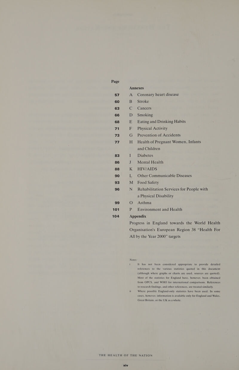 57 60 63 66 68 71 73 77 83 86 88 90 93 96 99 101 104 Annexes A Coronary heart disease B_ Stroke C Cancers D_ Smoking E_ Eating and Drinking Habits F Physical Activity G Prevention of Accidents H_ Health of Pregnant Women, Infants and Children I Diabetes J Mental Health K HIV/AIDS L Other Communicable Diseases M_ Food Safety N_ Rehabilitation Services for People with a Physical Disability O- Asthma P Environment and Health Appendix Notes: It has not been considered appropriate to provide detailed references to the various statistics quoted in this document (although where graphs or charts are used, sources are quoted). Most of the statistics for England have, however, been obtained from OPCS, and WHO for international comparisons. References to research findings, and other references, are treated similarly. Where possible England-only statistics have been used. In some cases, however, information is available only for England and Wales, Great Britain, or the UK as a whole.