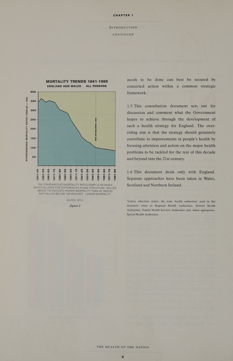 STANDARDISED MORTALITY RATIO (1950-52 = 100) MORTALITY TRENDS 1841-1985 ENGLAND AND WALES_ ALL PERSONS 400 350 300 250 200 150 100 50  1841-45 1851-55 1861-65 1871-75 1881-85 1891-95 1901-05 1911-15 1921-25 1931-35 1941-45 1951-55 1961-65 1971-75 1981-85 THE STANDARDISED MORTALITY RATIO (SMR) IS AN INDEX WHICH ALLOWS FOR DIFFERENCES IN AGE STRUCTURE. VALUES ABOVE 100 INDICATE HIGHER MORTALITY THAN IN 1950-52 AND VALUES BELOW 100 INDICATE LOWER MORTALITY. SOURCE: OPCS figure 2 needs to be done can best be secured by concerted action within a common strategic framework. 1.5 This consultation document sets out for discussion and comment what the Government hopes to achieve through the development of such a health strategy for England. The over- riding aim is that the strategy should genuinely. contribute to improvements in people’s health by focusing attention and action on the major health problems to be tackled for the rest of this decade and beyond into the 21st century. 1.6 This document deals only with England. Separate approaches have been taken in Wales, Scotland and Northern Ireland. ‘Unless otherwise stated, the term ‘health authorities’ used in this Health Authorities, District Health Authorities, Family Health Services Authorities and, where appropriate, document refers to Regional Special Health Authorities.