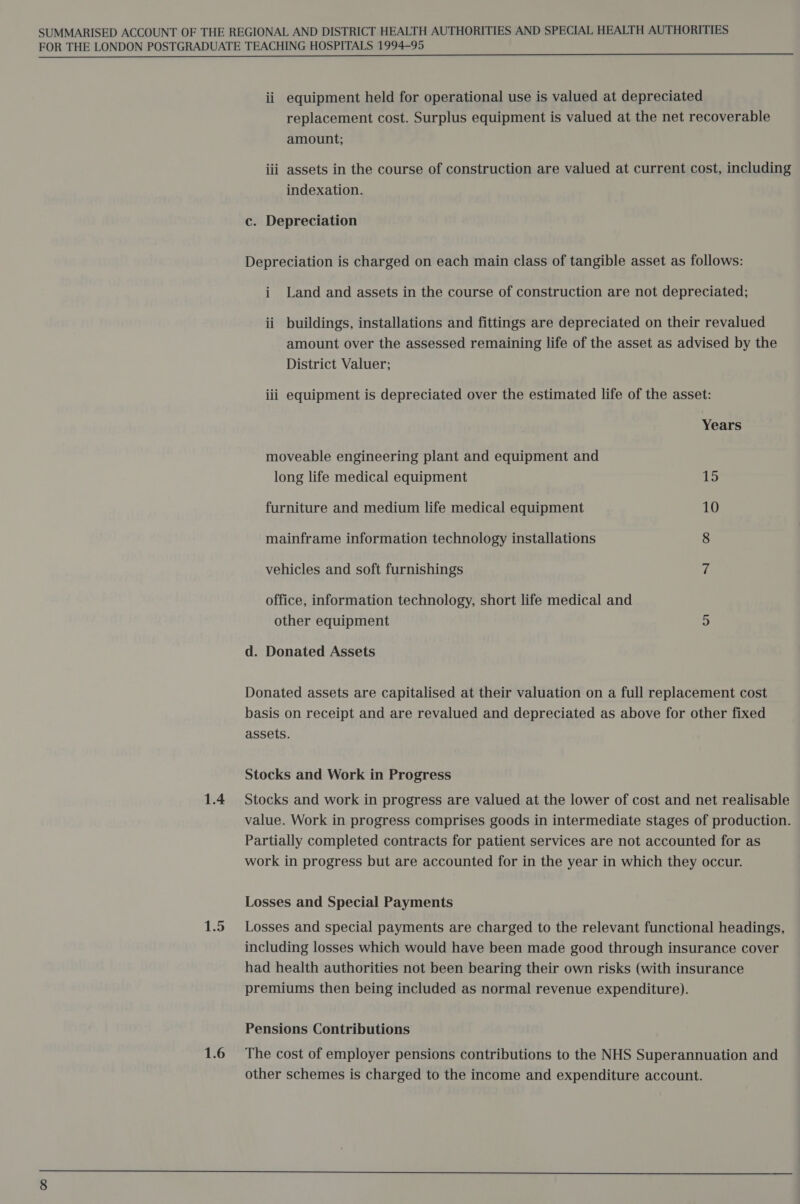 1.5 1.6 ii equipment held for operational use is valued at depreciated replacement cost. Surplus equipment is valued at the net recoverable amount; iii assets in the course of construction are valued at current cost, including indexation. c. Depreciation Depreciation is charged on each main class of tangible asset as follows: i Land and assets in the course of construction are not depreciated; ii buildings, installations and fittings are depreciated on their revalued amount over the assessed remaining life of the asset as advised by the District Valuer; iii equipment is depreciated over the estimated life of the asset: Years moveable engineering plant and equipment and long life medical equipment 1 furniture and medium life medical equipment 10 mainframe information technology installations 8 vehicles and soft furnishings fi office, information technology, short life medical and other equipment 4) d. Donated Assets Donated assets are capitalised at their valuation on a full replacement cost basis on receipt and are revalued and depreciated as above for other fixed assets. Stocks and Work in Progress value. Work in progress comprises goods in intermediate stages of production. Partially completed contracts for patient services are not accounted for as work in progress but are accounted for in the year in which they occur. Losses and Special Payments Losses and special payments are charged to the relevant functional headings, including losses which would have been made good through insurance cover had health authorities not been bearing their own risks (with insurance premiums then being included as normal revenue expenditure). Pensions Contributions The cost of employer pensions contributions to the NHS Superannuation and other schemes is charged to the income and expenditure account. 