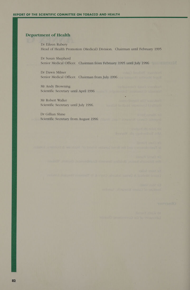  Department of Health Dr Eileen Rubery Head of Health Promotion (Medical) Division. Chairman until February 1995 Dr Susan Shepherd Senior Medical Officer. Chairman from February 1995 until July 1996 Dr Dawn Milner Senior Medical Officer. Chairman from July 1996 Mr Andy Browning Scientific Secretary until April 1996 Mr Robert Waller Scientific Secretary until July 1996. Dr Gillian Shine