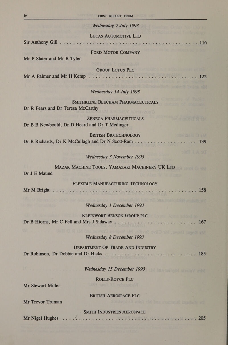  Wednesday 7 July 1993 LUCAS AUTOMOTIVE LTD SiriAnthomy Gill: oo suis) jo. sgt SR teutigaicen © aly eusde aes gems cane ele es ca, oe 116 FORD MOTOR COMPANY Mr P Slater and Mr B Tyler GROUP LOTUS PLC Mr A Palmer‘and Mr H’ Kemp (vote ee ee ee ce ne ee ee ee 122 Wednesday 14 July 1993 SMITHKLINE BEECHAM PHARMACEUTICALS Dr R Fears and Dr Teresa McCarthy ZENECA PHARMACEUTICALS Dr B B Newbould, Dr D Heard and Dr T Medinger BRITISH BIOTECHNOLOGY Dr B Richards, Dr K McCullagh and Dr N Scott-Ram................... 139 Wednesday 3 November 1993 MAZAK MACHINE TOOLS, YAMAZAKI MACHINERY UK LTD Dr J E Maund FLEXIBLE MANUFACTURING TECHNOLOGY Mr MBrightaw soe, chest (bain, on. LS ily J9O2. ) o. r 158 Wednesday I December 1993 KLEINWORT BENSON GROUP PLC Dr B’Hiorns, Mr C Fell and Mrs J Sidaway .... .... «5.5 J... eee 167 Wednesday 8 December 1993 DEPARTMENT OF TRADE AND INDUSTRY Dr Robinson, Dr Dobbie and Dr Hicks ..............s5. + « see 185 Wednesday 15 December 1993 ROLLS-ROYCE PLC Mr Stewart Miller BRITISH AEROSPACE PLC Mr Trevor Truman SMITH INDUSTRIES AEROSPACE Mr Nigel ‘Hughes: :: i 4A ..i.5010.4 - BUR load aM bee costal bee 205