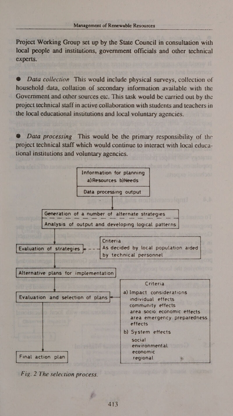 Project Working Group set up by the State Council in consultation with local people and institutions, government officials and other technical experts. @ Data collection This would include physical surveys, collection of household data, collation of secondary information available with the Government and other sources etc. This task would be carried out by the project technical staff in active collaboration with students and teachers in the local educational institutions and local voluntary agencies. @ Data processing This would be the primary responsibility of the project technical staff which would continue to interact with local cduca- tional institutions and voluntary agencics. Information for planning a)Resources b)Needs  Analysis of output and developing logical patterns     Criteria As decided by local population aided by technical personnel Evaluation of strategies fe —- Alternative plans for implementation Criteria a) Impact considerations individual effects community effects area socio economic effects area emergency preparedness effects Evaluation and selection of plans b) System effects social environmental economic Final action plan regional Hi  Fig. 2 The selection process.