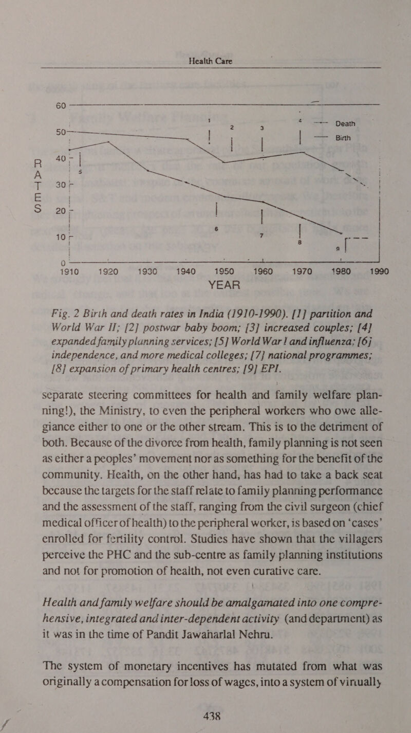 CaM A &gt;   im  60 ee j : 2 7 * == Geath eon Pon : | — Binh 305 Ripa ere Se | 20 r | | nti 9 | 10 - : | 1910 1920 1930 1940 1950 1960 1970 1980 8§=1990 YEAR Fig. 2 Birth and death rates in India (1910-1990). [1] partition and World War iJ; [2] postwar baby boom; {3] increased couples; [4] expanded family planning services; [5] World War! and influenza; [6] independence, and more medical colleges; [7] national programmes; [8] expansion of primary health centres; [9] EPI. separate steering committees for health and family welfare plan- ning!), the Ministry, to even the peripheral workers who owe alle- giance either to one or the other stream. This is to the detriment of both. Because of the divorce from health, family planning is not seen as either a peoples’ movement nor as something for the benefit of the community. Heaith, on the other hand, has had to take a back seat because the targets for the staff relate to family planning performance and the assessment of the staff, ranging from the civil surgeon (chief medical officer of health) to the peripheral worker, is based on ‘cases’ enrolled for fertility control. Studies have shown that the villagers perceive the PHC and the sub-centre as family planning institutions and not for promotion of health, not even curative care. Health and family welfare should be amalgamated into one compre- hensive, integrated and inter-dependent activity (and department) as it was in the time of Pandit Jawaharlal Nehru. The system of monetary incentives has mutated from what was originally acompensation for loss of wages, into a system of virally