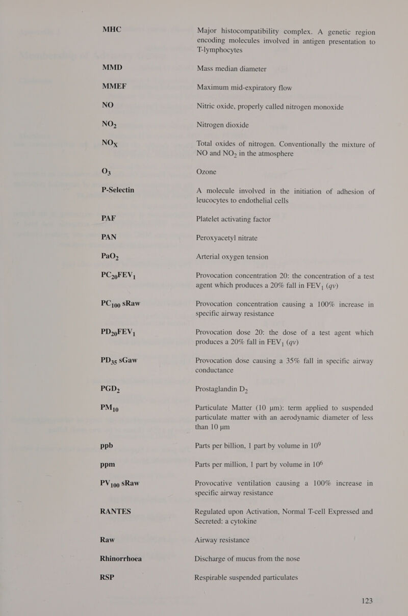 MHC MMD MMEF NO NO, NOx 03 P-Selectin PAF PAN PaO, PC FEV, PCy 09 sRaw PD 9FEV, PD3; sGaw PGD, PM 49 ppb ppm PV 100 sRaw RANTES Raw Rhinorrhoea RSP Major histocompatibility complex. A genetic region encoding molecules involved in antigen presentation to T-lymphocytes Mass median diameter Maximum mid-expiratory flow Nitric oxide, properly called nitrogen monoxide Nitrogen dioxide Total oxides of nitrogen. Conventionally the mixture of NO and NO, in the atmosphere Ozone A molecule involved in the initiation of adhesion of leucocytes to endothelial cells Platelet activating factor Peroxyacetyl nitrate Arterial oxygen tension Provocation concentration 20: the concentration of a test agent which produces a 20% fall in FEV, (qv) Provocation concentration causing a 100% increase in specific airway resistance Provocation dose 20: the dose of a test agent which produces a 20% fall in FEV, (qv) Provocation dose causing a 35% fall in specific airway conductance Prostaglandin D5 Particulate Matter (10 um): term applied to suspended particulate matter with an aerodynamic diameter of less than 10 um Parts per billion, 1 part by volume in 10? Parts per million, | part by volume in 10° Provocative ventilation causing a 100% increase in specific airway resistance Regulated upon Activation, Normal T-cell Expressed and Secreted: a cytokine Airway resistance Discharge of mucus from the nose Respirable suspended particulates