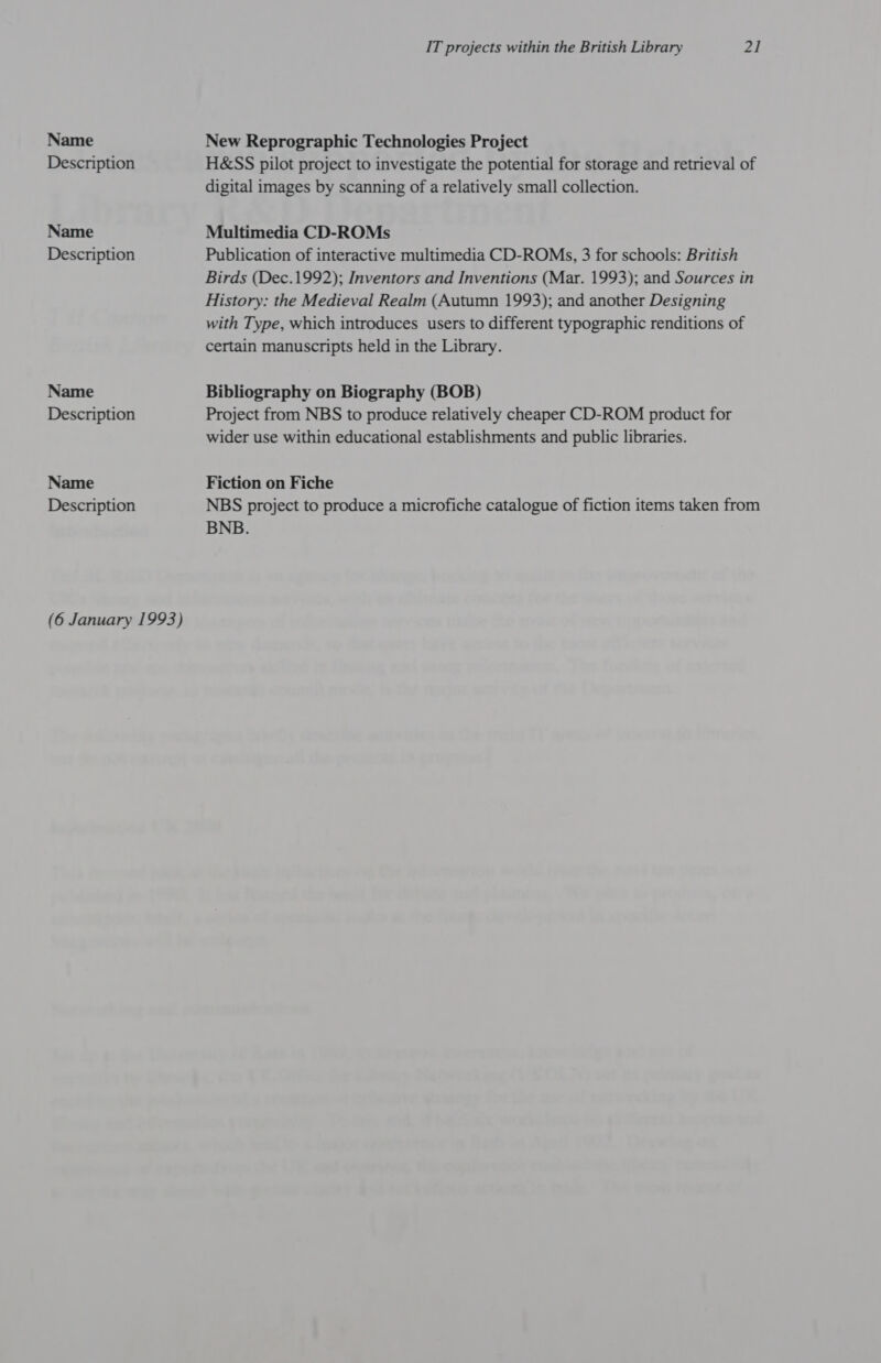 Description Name Description Name Description Name Description (6 January 1993) IT projects within the British Library 21 H&amp;SS pilot project to investigate the potential for storage and retrieval of digital images by scanning of a relatively small collection. Multimedia CD-ROMs Publication of interactive multimedia CD-ROMs, 3 for schools: British Birds (Dec.1992); Inventors and Inventions (Mar. 1993); and Sources in History: the Medieval Realm (Autumn 1993); and another Designing with Type, which introduces users to different typographic renditions of certain manuscripts held in the Library. Bibliography on Biography (BOB) Project from NBS to produce relatively cheaper CD-ROM product for wider use within educational establishments and public libraries. Fiction on Fiche NBS project to produce a microfiche catalogue of fiction items taken from BNB.