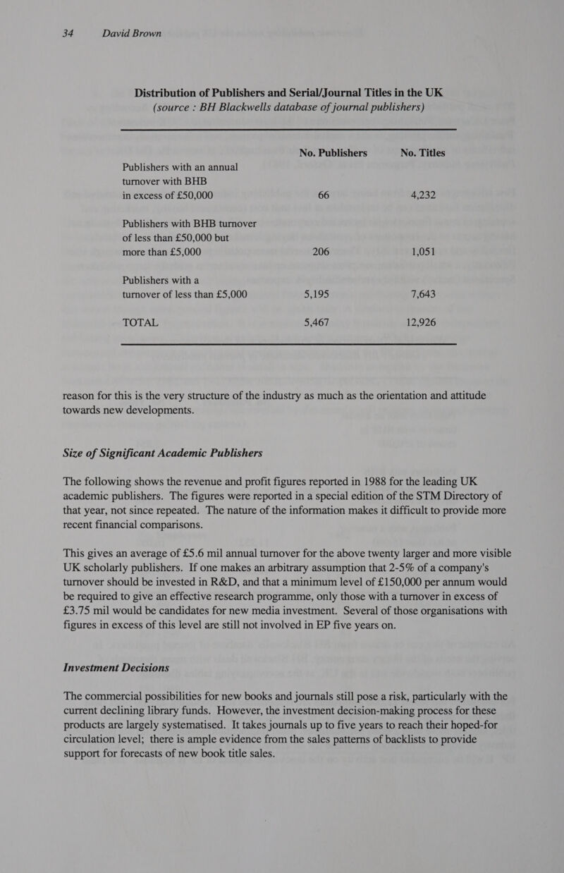 Distribution of Publishers and Serial/Journal Titles in the UK (source : BH Blackwells database of journal publishers) No. Publishers No. Titles Publishers with an annual turnover with BHB in excess of £50,000 66 4232 Publishers with BHB turnover of less than £50,000 but more than £5,000 206 1,051 Publishers with a turnover of less than £5,000 5,195 7,643 TOTAL 5,467 12,926 reason for this is the very structure of the industry as much as the orientation and attitude towards new developments. Size of Significant Academic Publishers The following shows the revenue and profit figures reported in 1988 for the leading UK academic publishers. The figures were reported in a special edition of the STM Directory of that year, not since repeated. The nature of the information makes it difficult to provide more recent financial comparisons. This gives an average of £5.6 mil annual turnover for the above twenty larger and more visible UK scholarly publishers. If one makes an arbitrary assumption that 2-5% of a company's turnover should be invested in R&amp;D, and that a minimum level of £150,000 per annum would be required to give an effective research programme, only those with a turnover in excess of £3.75 mil would be candidates for new media investment. Several of those organisations with figures in excess of this level are still not involved in EP five years on. Investment Decisions The commercial possibilities for new books and journals still pose a risk, particularly with the current declining library funds. However, the investment decision-making process for these products are largely systematised. It takes journals up to five years to reach their hoped-for circulation level; there is ample evidence from the sales patterns of backlists to provide support for forecasts of new book title sales.