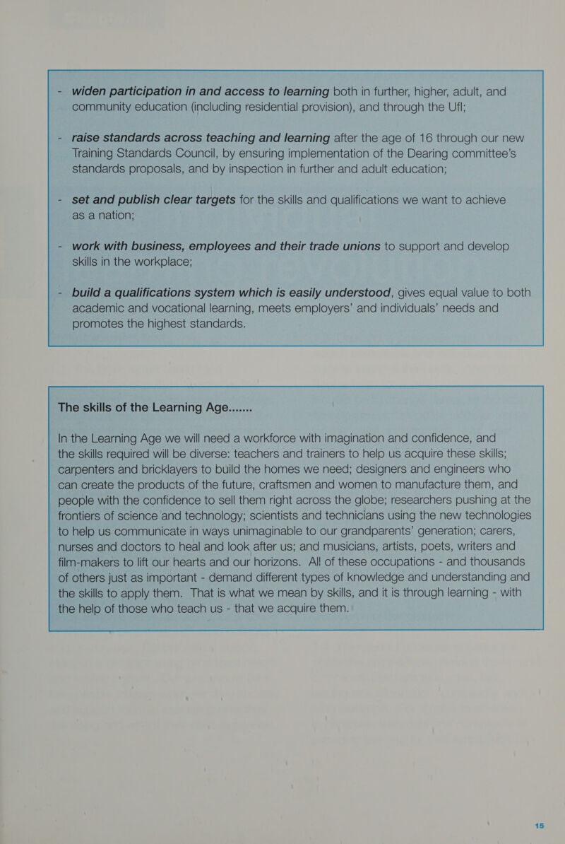 Training Standards Council, by ensuring implementation of the Dearing committee’s standards proposals, and by inspection in further and adult education; set and publish clear targets for the skills and qualifications we want to achieve as a nation; work with business, employees and their trade unions to support and develop skills in the workplace; build a qualifications system which is easily understood, gives equal value to both academic and vocational learning, meets employers’ and individuals’ needs and promotes the highest standards. The skills of the Learning Age In the Learning Age we will need a workforce with imagination and confidence, and the skills required will be diverse: teachers and trainers to help us acquire these skills; carpenters and bricklayers to build the homes we need; designers and engineers who can create the products of the future, craftsmen and women to manufacture them, and people with the confidence to sell them right across the globe; researchers pushing at the frontiers of science and technology; scientists and technicians using the new technologies to helo us communicate in ways unimaginable to our grandparents’ generation; carers, nurses and doctors to heal and look after us; and musicians, artists, poets, writers and film-makers to lift our hearts and our horizons. Al! of these occupations - and thousands of others just as important - demand different types of knowledge and understanding and the skills to apply them. That is what we mean by skills, and it is through learning - with the help of those who teach us - that we acquire them. 