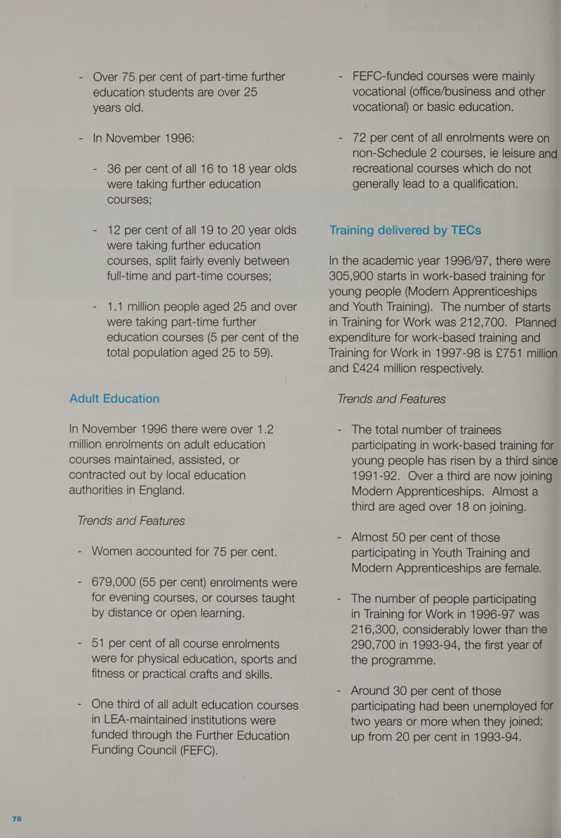 - Over 75 per cent of part-time further years old. - In November 1996: - 86 per cent of all 16 to 18 year olds courses; - 12 per cent of all 19 to 20 year olds were taking further education courses, split fairly evenly between full-time and part-time courses; - 1.1 million people aged 25 and over were taking part-time further education courses (5 per cent of the total population aged 25 to 59). In November 1996 there were over 1.2 million enrolments on adult education courses maintained, assisted, or contracted out by local education authorities in England. - Women accounted for 75 per cent. - 679,000 (55 per cent) enrolments were for evening courses, or courses taught by distance or open learning. - 51 per cent of all course enrolments were for physical education, sports and fitness or practical crafts and skills. - One third of all adult education courses in LEA-maintained institutions were funded through the Further Education Funding Council (FEFC). - FEFC-funded courses were mainly vocational) or basic education. - 72 per cent of all enrolments were on non-Schedule 2 courses, ie leisure and recreational courses which do not Training delivered by TECs In the academic year 1996/97, there were 305,900 starts in work-based training for young people (Modern Apprenticeships and Youth Training). The number of starts in Training for Work was 212,700. Planned expenditure for work-based training and Training for Work in 1997-98 is £751 million and £424 million respectively. - The total number of trainees participating in work-based training for young people has risen by a third since 1991-92. Over a third are now joining Modern Apprenticeships. Almost a third are aged over 18 on joining. - Almost 50 per cent of those participating in Youth Training and Modern Apprenticeships are female. - The number of people participating in Training for Work in 1996-97 was 216,300, considerably lower than the 290,700 in 1993-94, the first year of the programme. - Around 30 per cent of those participating had been unemployed for two years or more when they joined; up from 20 per cent in 1993-94.