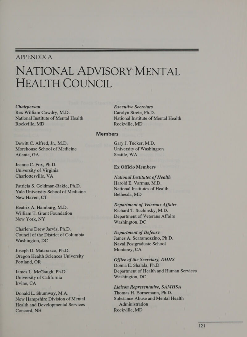  APPENDIX A Chairperson Rex William Cowdry, M.D. National Institute of Mental Health Rockville, MD Dewitt C. Alfred, Jr., M.D. Morehouse School of Medicine Atlanta, GA Jeanne C. Fox, Ph.D. University of Virginia Charlottesville, VA Patricia S. Goldman-Rakic, Ph.D. Yale University School of Medicine New Haven, CT Beatrix A. Hamburg, M.D. William T. Grant Foundation New York, NY Charlene Drew Jarvis, Ph.D. Council of the District of Columbia Washington, DC Joseph D. Matarazzo, Ph.D. Oregon Health Sciences University Portland, OR James L. McGaugh, Ph.D. University of California Irvine, CA Donald L. Shumway, M.A. New Hampshire Division of Mental Health and Developmental Services Concord, NH Executive Secretary Carolyn Strete, Ph.D. National Institute of Mental Health Rockville, MD Gary J. Tucker, M.D. University of Washington Seattle, WA Ex Officio Members National Institutes of Health Harold E. Varmus, M.D. National Institutes of Health Bethesda, MD Department of Veterans Affairs Richard T. Suchinsky, M.D. Department of Veterans Affairs Washington, DC Department of Defense James A. Scaramozzino, Ph.D. Naval Postgraduate School Monterey, CA Office of the Secretary, DHHS Donna E. Shalala, Ph.D Department of Health and Human Services Washington, DC Liaison Representative, SAMHSA Thomas H. Bornemann, Ph.D. Substance Abuse and Mental Health Administration Rockville, MD