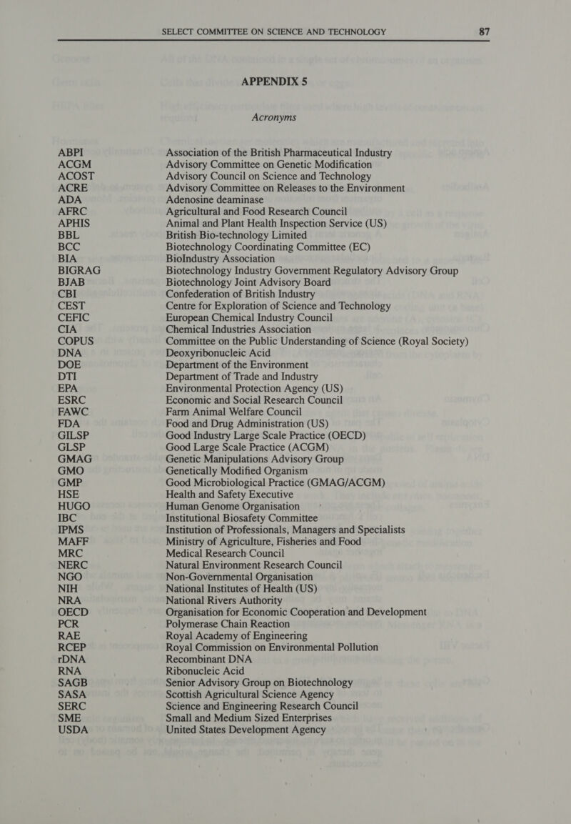 ABPI ACGM ACOST ACRE ADA APHIS BBL BCC BIGRAG BJAB CBI CEST CEFIC COPUS SELECT COMMITTEE ON SCIENCE AND TECHNOLOGY 87 APPENDIX 5 Acronyms Association of the British Pharmaceutical Industry Advisory Committee on Genetic Modification Advisory Council on Science and Technology Advisory Committee on Releases to the Environment Adenosine deaminase Agricultural and Food Research Council Animal and Plant Health Inspection Service (US) British Bio-technology Limited Biotechnology Coordinating Committee (EC) Biolndustry Association Biotechnology Industry Government Regulatory Advisory Group Biotechnology Joint Advisory Board Confederation of British Industry Centre for Exploration of Science and Technology European Chemical Industry Council Chemical Industries Association Committee on the Public Understanding of Science (Royal Society) Deoxyribonucleic Acid Department of the Environment Department of Trade and Industry Environmental Protection Agency (US) Economic and Social Research Council Farm Animal Welfare Council Food and Drug Administration (US) Good Industry Large Scale Practice (OECD) Good Large Scale Practice (ACGM) Genetic Manipulations Advisory Group Genetically Modified Organism Good Microbiological Practice (GMAG/ACGM) Health and Safety Executive Human Genome Organisation Institutional Biosafety Committee Institution of Professionals, Managers and Specialists Ministry of Agriculture, Fisheries and Food Medical Research Council Natural Environment Research Council Non-Governmental Organisation National Institutes of Health (US) National Rivers Authority Organisation for Economic Cooperation and Development Polymerase Chain Reaction Royal Academy of Engineering Royal Commission on Environmental Pollution Recombinant DNA Ribonucleic Acid Senior Advisory Group on Biotechnology Scottish Agricultural Science Agency Science and Engineering Research Council Small and Medium Sized Enterprises United States Development Agency