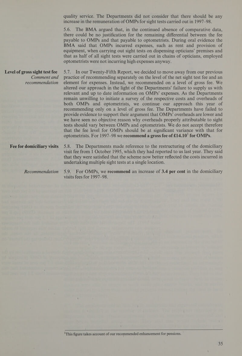 Level of gross sight test fee Comment and recommendation Fee for domiciliary visits Recommendation quality service. The Departments did not consider that there should be any increase in the remuneration of OMPs for sight tests carried out in 1997-98. 5.6. The BMA argued that, in the continued absence of comparative data, there could be no justification for the remaining differential between the fee payable to OMPs and that payable to optometrists. During oral evidence the BMA said that OMPs incurred expenses, such as rent and provision of equipment, when carrying out sight tests on dispensing opticians’ premises and that as half of all sight tests were carried out in chains of opticians, employed optometrists were not incurring high expenses anyway. 5.7. In our Twenty-Fifth Report, we decided to move away from our previous practice of recommending separately on the level of the net sight test fee and an element for expenses. Instead, we recommended on a level of gross fee. We altered our approach in the light of the Departments’ failure to supply us with relevant and up to date information on OMPs’ expenses. As the Departments remain unwilling to initiate a survey of the respective costs and overheads of both OMPs and optometrists, we continue our approach this year of recommending only on a level of gross fee. The Departments have failed to provide evidence to support their argument that OMPs’ overheads are lower and we have seen no objective reason why overheads properly attributable to sight tests should vary between OMPs and optometrists. We do not accept therefore that the fee level for OMPs should be at significant variance with that for optometrists. For 1997-98 we recommend a gross fee of £14.10! for OMPs. 5.8. The Departments made reference to the restructuring of the domiciliary visit fee from 1 October 1995, which they had reported to us last year. They said that they were satisfied that the scheme now better reflected the costs incurred in undertaking multiple sight tests at a single location. 5.9. For OMPs, we recommend an increase of 3.4 per cent in the domiciliary visits fees for 1997-98.  'This figure takes account of our recommended enhancement for pensions.