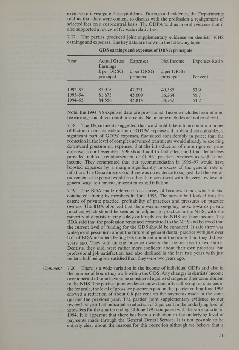 exercise to investigate these problems. During oral evidence, the Departments told us that they were content to discuss with the profession a realignment of selected fees on a cost-neutral basis. The GDPA told us in oral evidence that it also supported a review of fee scale relativities. 7.17. The parties produced joint supplementary evidence on dentists’ NHS earnings and expenses. The key data are shown in the following table: GDS earnings and expenses of DRSG principals Year Actual Gross Expenses NetIncome _ Expenses Ratio Earnings £perDRSG f£perDRSG- £perDRSG principal principal principal Per cent 1992-93 87,916 47,331 40,585 53.9 1993-94 81,873 45,609 36,264 Sf 1994-95 84,556 45,814 38,742 54.2 Note: the 1994—95 expenses data are provisional. Income includes fee and non- fee earnings and direct reimbursements. Net income includes net notional rent. 7.18. The Departments suggested that we should take into account a number of factors in our consideration of GDPs’ expenses: that dental consumables, a significant part of GDPs’ expenses, fluctuated considerably in price; that the reduction in the level of complex advanced treatments would already be exerting downward pressure on expenses; that the introduction of more rigorous prior approval from December 1996 should add to that effect; and that dental fees provided indirect reimbursement of GDPs’ practice expenses as well as net income. They commented that our recommendation in 1996-97 would have boosted expenses by a margin significantly in excess of the general rate of inflation. The Departments said there was no evidence to suggest that the overall movement of expenses would be other than consistent with the very low level of general wage settlements, interest rates and inflation. 7.19. The BDA made reference to a survey of business trends which it had conducted among its members in June 1996. The survey had looked into the extent of private practice, profitability of practices and pressures on practice owners. The BDA observed that there was an on-going move towards private practice, which should be seen as an adjunct to practice in the NHS, with the majority of dentists relying solely or largely on the NHS for their income. The BDA said that the profession remained committed to the NHS and believed that the current level of funding for the GDS should be enhanced. It said there was widespread pessimism about the future of general dental practice with just over half of BDA members feeling less confident about the future than they did two years ago. They said among practice owners that figure rose to two-thirds. Dentists, they said, were rather more confident about their own practices, but professional job satisfaction had also declined in the last two years with just under a half being less satisfied than they were two years ago. the number of hours they work within the GDS. Any changes in dentists’ income over a period of time have to be considered against changes in their commitment to the NHS. The parties’ joint evidence shows that, after allowing for changes in the fee scale, the level of gross fee payments paid in the quarter ending June 1996 showed a reduction of about 0.8 per cent on the payments made in the same quarter the previous year. The parties’ joint supplementary evidence to our review last year had indicated a reduction of 2 per cent in the underlying level of gross fees for the quarter ending 30 June 1995 compared with the same quarter in 1994. It is apparent that there has been a reduction in the underlying level of payments made through the General Dental Service. It is not possible to be entirely clear about the reasons for this reduction although we believe that a