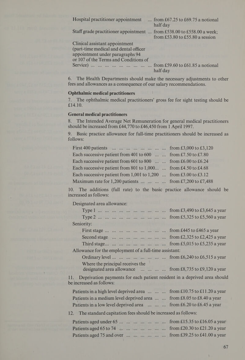 Hospital practitioner appointment _... from £67.25 to £69.75 a notional half day Staff grade practitioner appointment ... from £538.00 to £558.00 a week; from £53.80 to £55.80 a session Clinical assistant appointment (part-time medical and dental officer appointment under paragraphs 94 or 107 of the Terms and Conditions of DeIVICe) ie ee oe, ee, we PPO £59.00 10. £01.55 a notional half day 6. The Health Departments should make the necessary adjustments to other fees and allowances as a consequence of our salary recommendations. Ophthalmic medical practitioners 7. The ophthalmic medical practitioners’ gross fee for sight testing should be £14.10. General medical practitioners 8. The Intended Average Net Remuneration for general medical practitioners should be increased from £44,770 to £46,450 from 1 April 1997. 9. Basic practice allowance for full-time practitioners should be increased as follows: First 400 patients... ... ... of SF ... eee 1rom.£3,000 to £3,120 Each successive patient from 401 to » 600 teak from £7.50 to £7.80 Each successive patient from 601 to 800 ... ... from £6.00 to £6.24 Each successive patient from 801 to 1,000... ... from £4.50 to £4.68 Each successive patient from 1,001 to 1,200 ... from £3.00 to £3.12 Maximum rate for 1,200 patients ... ... ....... from £7,200 to £7,488 10. The additions (full rate) to the basic practice allowance should be increased as follows: Designated area allowance: LYDON een tenes eee ae tee tom £5,490 to £3,045 a year yDe 21 ceeie.) te Seek seul Se eve mee. from £5,325 to £5,560 a year Seniority: Hirst Sta @@icc.. wis ees eves seer. ce GOP! 2 @ 170 £445.10 £465 a year SECON Sta Geers were ccrssvieetleien bees. 160M £2,325 to. £2,425 a year Third stage... from £5,015 to £5,235 a year Allowance for the Bath of a ‘full: time assistant: Ordinary level 0 i ieaaeseelie- meas A -._.110m £6,240 to £6,515 a year Where the ence receives the designated area allowance ... ... ... .... from £8,735 to £9,120 a year 11. Deprivation payments for each patient resident in a deprived area should be increased as follows: Patients in a high level deprived area ... ... ... from £10.75 to £11.20 a year Patients in a medium level deprived area ... ... from £8.05 to £8.40 a year Patients in a low level deprivedarea ... ... ... from £6.20 to £6.45 a year 12. The standard capitation fees should be increased as follows: Patients aged under 65... 0.00... cao. 4... from £15.35 to £16.05 a year Patients aged 65 to 74° 4... t.0 4. «. a... from £20.30 to £21.20 a year Patients aged 75andover ... ... ... ... .. «. from £39.25 to £41.00 a year