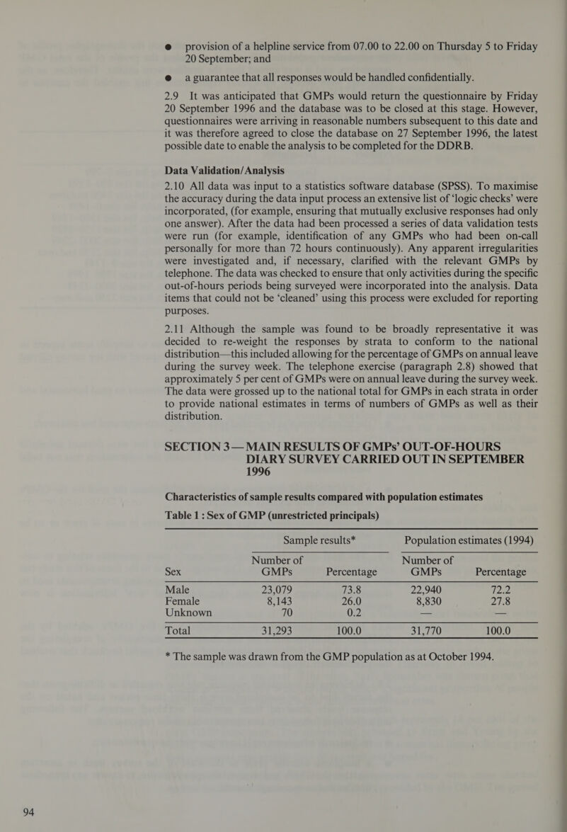 @ provision of a helpline service from 07.00 to 22.00 on Thursday 5 to Friday 20 September; and @ a guarantee that all responses would be handled confidentially. 2.9 It was anticipated that GMPs would return the questionnaire by Friday 20 September 1996 and the database was to be closed at this stage. However, questionnaires were arriving in reasonable numbers subsequent to this date and it was therefore agreed to close the database on 27 September 1996, the latest possible date to enable the analysis to be completed for the DDRB. Data Validation/ Analysis 2.10 All data was input to a statistics software database (SPSS). To maximise the accuracy during the data input process an extensive list of ‘logic checks’ were incorporated, (for example, ensuring that mutually exclusive responses had only one answer). After the data had been processed a series of data validation tests were run (for example, identification of any GMPs who had been on-call personally for more than 72 hours continuously). Any apparent irregularities were investigated and, if necessary, clarified with the relevant GMPs by telephone. The data was checked to ensure that only activities during the specific out-of-hours periods being surveyed were incorporated into the analysis. Data items that could not be ‘cleaned’ using this process were excluded for reporting purposes. 2.11 Although the sample was found to be broadly representative it was decided to re-weight the responses by strata to conform to the national distribution—this included allowing for the percentage of GMPs on annual leave during the survey week. The telephone exercise (paragraph 2.8) showed that approximately 5 per cent of GMPs were on annual leave during the survey week. The data were grossed up to the national total for GMPs in each strata in order to provide national estimates in terms of numbers of GMPs as well as their distribution. SECTION 3— MAIN RESULTS OF GMPs’ OUT-OF-HOURS DIARY SURVEY CARRIED OUT IN SEPTEMBER 1996 Characteristics of sample results compared with population estimates Table 1 : Sex of GMP (unrestricted principals) Sample results* Population estimates (1994) Number of Number of Sex GMPs Percentage GMPs Percentage Male 23,079 73.8 22,940 TZ Female 8,143 26.0 8,830 pA R.; Unknown 70 0.2 — — Total 31,293 100.0 31,770 100.0 * The sample was drawn from the GMP population as at October 1994.