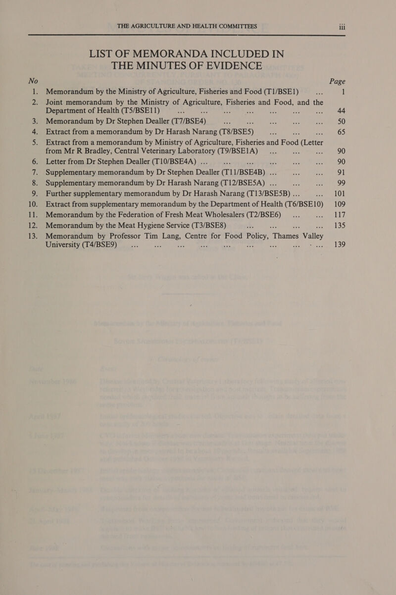  epics © 9 ID LIST OF MEMORANDA INCLUDED IN THE MINUTES OF EVIDENCE Memorandum by the Ministry of Agriculture, Fisheries and Food (T1/BSE1) Joint memorandum by the Ministry of EAR Fisheries and Food, and the Department of Health (T5/BSE11) Memorandum by Dr Stephen Dealler (T7/BSE4) Extract from a memorandum by Dr Harash Narang (T8/BSES) Extract from a memorandum by Ministry of Agriculture, Fisheries and Food (Letter from Mr R Bradley, Central Veterinary Laboratory (T9/BSEI1A) Letter from Dr Stephen Dealler (T10/BSE4A) . Supplementary memorandum by Dr Stephen Dealler (T1 /BSE4B) . Supplementary memorandum by Dr Harash Narang (T12/BSESA) ... Further supplementary memorandum by Dr Harash Narang (T13/BSES5B) ... Extract from supplementary memorandum by the Department of Health (T6/BSE10) Memorandum by the Federation of Fresh Meat Wholesalers (T2/BSE6) Memorandum by the Meat Hygiene Service (T3/BSE8) Memorandum by Professor Tim Lang, Centre for Food Policy, Thane Valley University (T4/BSE9) ee ; ai = Page ] Ag 50 65 90 90 91 99 101 109 Lid 135 jeeke,