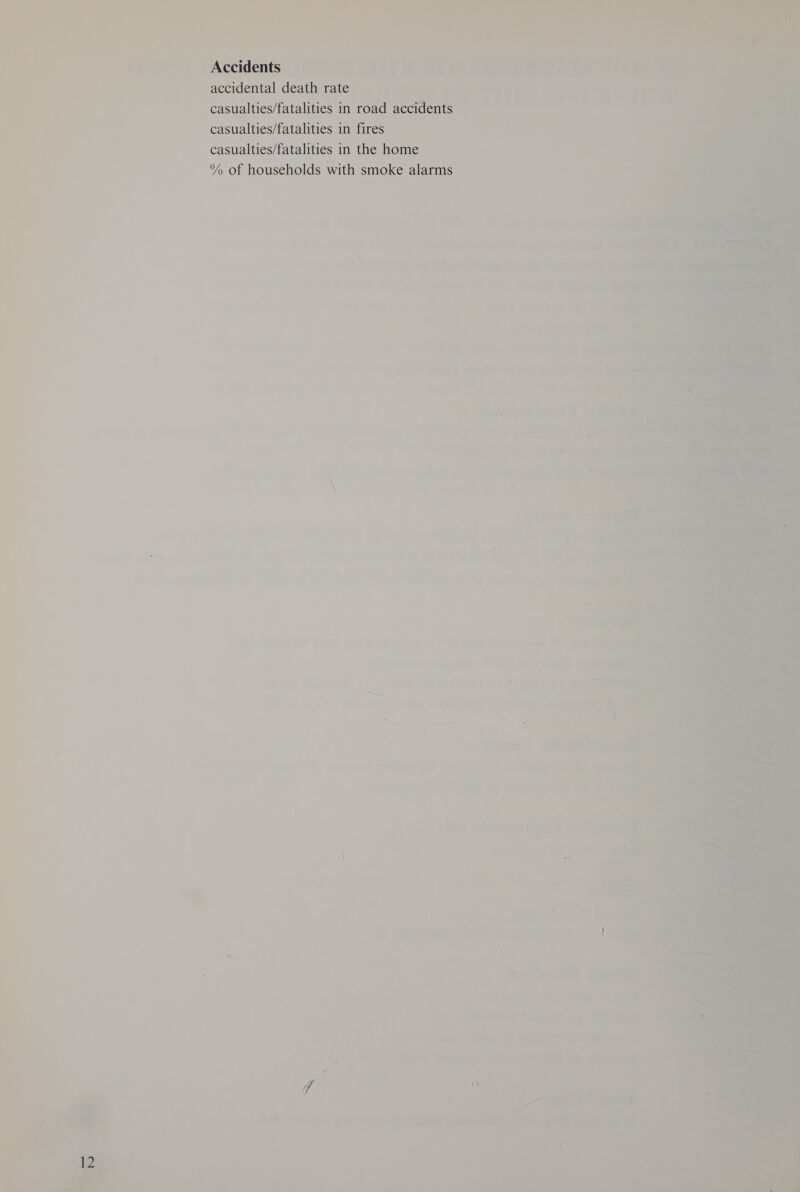 12 Accidents accidental death rate casualties/fatalities in fires casualties/fatalities in the home °% of households with smoke alarms
