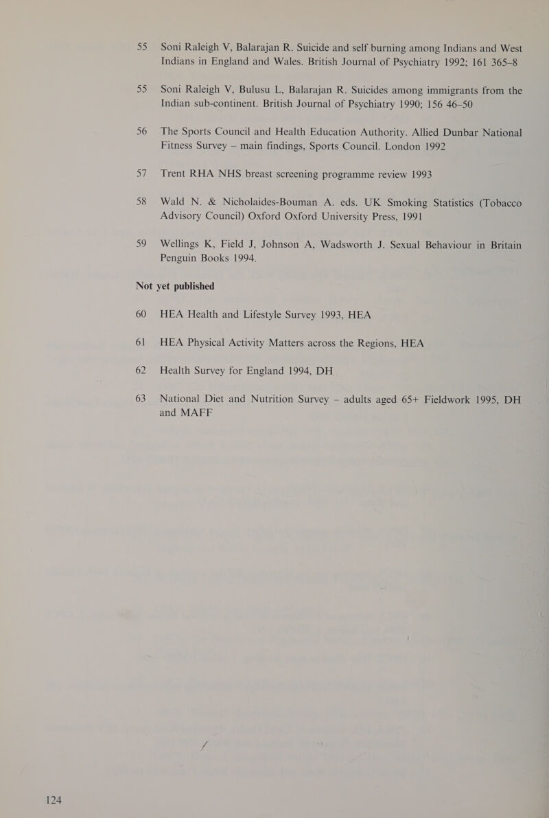 =) D2 56 a 58 oe Soni Raleigh V, Balarajan R. Suicide and self burning among Indians and West Indians in England and Wales. British Journal of Psychiatry 1992; 161 365-8 Soni Raleigh V, Bulusu L, Balarajan R. Suicides among immigrants from the Indian sub-continent. British Journal of Psychiatry 1990; 156 46-50 The Sports Council and Health Education Authority. Allied Dunbar National Fitness Survey — main findings, Sports Council. London 1992 Trent RHA NHS breast screening programme review 1993 Wald N. &amp; Nicholaides-Bouman A. eds. UK Smoking Statistics (Tobacco Advisory Council) Oxford Oxford University Press, 1991 Wellings K, Field J, Johnson A, Wadsworth J. Sexual Behaviour in Britain Penguin Books 1994. 60 61 62 63 HEA Health and Lifestyle Survey 1993, HEA HEA Physical Activity Matters across the Regions, HEA Health Survey for England 1994, DH National Diet and Nutrition Survey — adults aged 65+ Fieldwork 1995, DH and MAFF