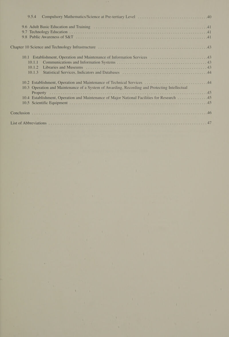 Pet a muisdry wiatneimatics science at Pre-tertiary Level” . 00.55 2 cc bocce ee cede eo adem’ 40 oe coerce RRC CMU) GATNCL A AITUITIE &gt; ye tea ele oly ck u e8 oom kd vRUS ONS Dae Sed Gaba penwas ss pee we 4] eT SRST SRT Sa ES ROUSE BO eee Sela, 1 5G oe tals, E ee ev Been vk A oe ek noe es waa Ske tetiels 4] Seams Nene eis Om mE NE tape Vlg, See) ich ie es ats ras Saws KE EN a eke wld wala ee Bes wes med 4] mete eae ice CCG aI ALIISETUCTUTE gk coe ke Gy aco saa awa ou ASS ew web eS eoeN eh Puree as 43 10.1 Establishment, Operation and Maintenance of Information Services ..............0 0c eee eeeee 43 A een ChMOIe a MONS NG MOTTA SYSUEMIS .5....¢ 504054 8e-dus canis weve ky bo nod bs cuadieg 43 ee Mee NETS CL Cerne ILV LEGO UNIIS 0 ars 0h oi Sy Gy rank. oenaine eb ohagemin, oat Wena A RIE eee oe Aas x Wm ek B69 43 Pele erssucal aciviCos WUCICalons an Databases accu adh anu Vimoly Givi as Re Ce ee AE wees Bue od Ad 10.2 Establishment, Operation and Maintenance of Technical Services .......... 00sec cece eee ee eee 44 10.3. Operation and Maintenance of a System of Awarding, Recording and Protecting Intellectual east 5 a cae 2S, Spon, che: nae bein el Rene en WOE ae EGAN Oe eS eR Moone Wea ese 45 10.4 Establishment, Operation and Maintenance of Major National Facilities for Research .............. 45 ON eer E RC CETERA eR 2 Dies ino, Sg ogee as 5 36 ame age apt As Le Matai x ati oh Poole. Beats 4.8 &gt; ya 45 ae ae ae a et Sar See a “G18 ay wihds ole Sy Bie aS ws BBY aus threl dee wea oe aera, Sew aw ee ae a 46 EE ee Ea CE eg ee ee en Dh ane Rodes, Piehe cog AEs o-MIw ea Tes) te nails, Mab mig dR aoe 47