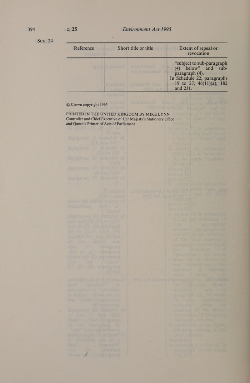 SCH. 24 Short title or title         Extent of repeal or Reference revocation  “subject to sub-paragraph (4) below” and _ sub- paragraph (4). In Schedule 22, paragraphs 19 to 27, 46(11)(a), 182 and 231.  PRINTED IN THE UNITED KINGDOM BY MIKE LYNN Controller and Chief Executive of Her Majesty’s Stationery Office and Queen’s Printer of Acts of Parliament