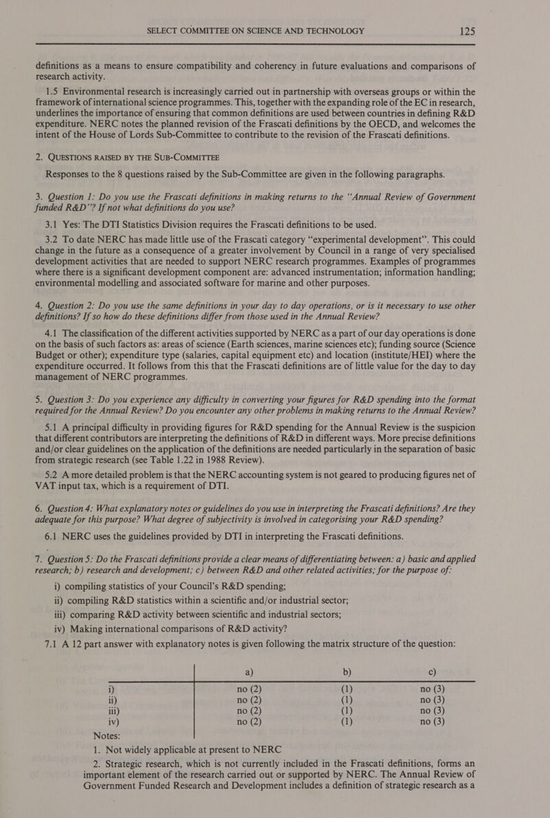  definitions as a means to ensure compatibility and coherency in future evaluations and comparisons of research activity. 1.5 Environmental research is increasingly carried out in partnership with overseas groups or within the framework of international science programmes. This, together with the expanding role of the EC in research, underlines the importance of ensuring that common definitions are used between countries in defining R&amp;D expenditure. NERC notes the planned revision of the Frascati definitions by the OECD, and welcomes the intent of the House of Lords Sub-Committee to contribute to the revision of the Frascati definitions. 2. QUESTIONS RAISED BY THE SUB-COMMITTEE Responses to the 8 questions raised by the Sub-Committee are given in the following paragraphs. 3. Question 1; Do you use the Frascati definitions in making returns to the “Annual Review of Government funded R&amp;D”’’? If not what definitions do you use? 3.1 Yes: The DTI Statistics Division requires the Frascati definitions to be used. 3.2 To date NERC has made little use of the Frascati category “experimental development”’. This could change in the future as a consequence of a greater involvement by Council in a range of very specialised development activities that are needed to support NERC research programmes. Examples of programmes where there is a significant development component are: advanced instrumentation; information handling; environmental modelling and associated software for marine and other purposes. 4. Question 2: Do you use the same definitions in your day to day operations, or is it necessary to use other definitions? If so how do these definitions differ from those used in the Annual Review? 4.1 The classification of the different activities supported by NERC as a part of our day operations is done on the basis of such factors as: areas of science (Earth sciences, marine sciences etc); funding source (Science Budget or other); expenditure type (salaries, capital equipment etc) and location (institute/HEI) where the expenditure occurred. It follows from this that the Frascati definitions are of little value for the day to day management of NERC programmes. 5. Question 3: Do you experience any difficulty in converting your figures for R&amp;D spending into the format required for the Annual Review? Do you encounter any other problems in making returns to the Annual Review? 5.1 A principal difficulty in providing figures for R&amp;D spending for the Annual Review is the suspicion that different contributors are interpreting the definitions of R&amp;D in different ways. More precise definitions and/or clear guidelines on the application of the definitions are needed particularly in the separation of basic from strategic research (see Table 1.22 in 1988 Review). 5.2 Amore detailed problem is that the NERC accounting system is not geared to producing figures net of VAT input tax, which is a requirement of DTI. 6. Question 4: What explanatory notes or guidelines do you use in interpreting the Frascati definitions? Are they adequate for this purpose? What degree of subjectivity is involved in categorising your R&amp;D spending? 6.1 NERC uses the guidelines provided by DTI in interpreting the Frascati definitions. 7. Question 5: Do the Frascati definitions provide a clear means of differentiating between: a) basic and applied research; b) research and development; c) between R&amp;D and other related activities; for the purpose of: i) compiling statistics of your Council’s R&amp;D spending; ii) compiling R&amp;D statistics within a scientific and/or industrial sector; ill) comparing R&amp;D activity between scientific and industrial sectors; iv) Making international comparisons of R&amp;D activity? 7.1 A 12 part answer with explanatory notes is given following the matrix structure of the question:    i) il) no (2) (1) no (3) ili) no (2) (1) no (3) iv) no (2) (1) no (3) Notes: 1. Not widely applicable at present to NERC 2. Strategic research, which is not currently included in the Frascati definitions, forms an important element of the research carried out or supported by NERC. The Annual Review of Government Funded Research and Development includes a definition of strategic research as a