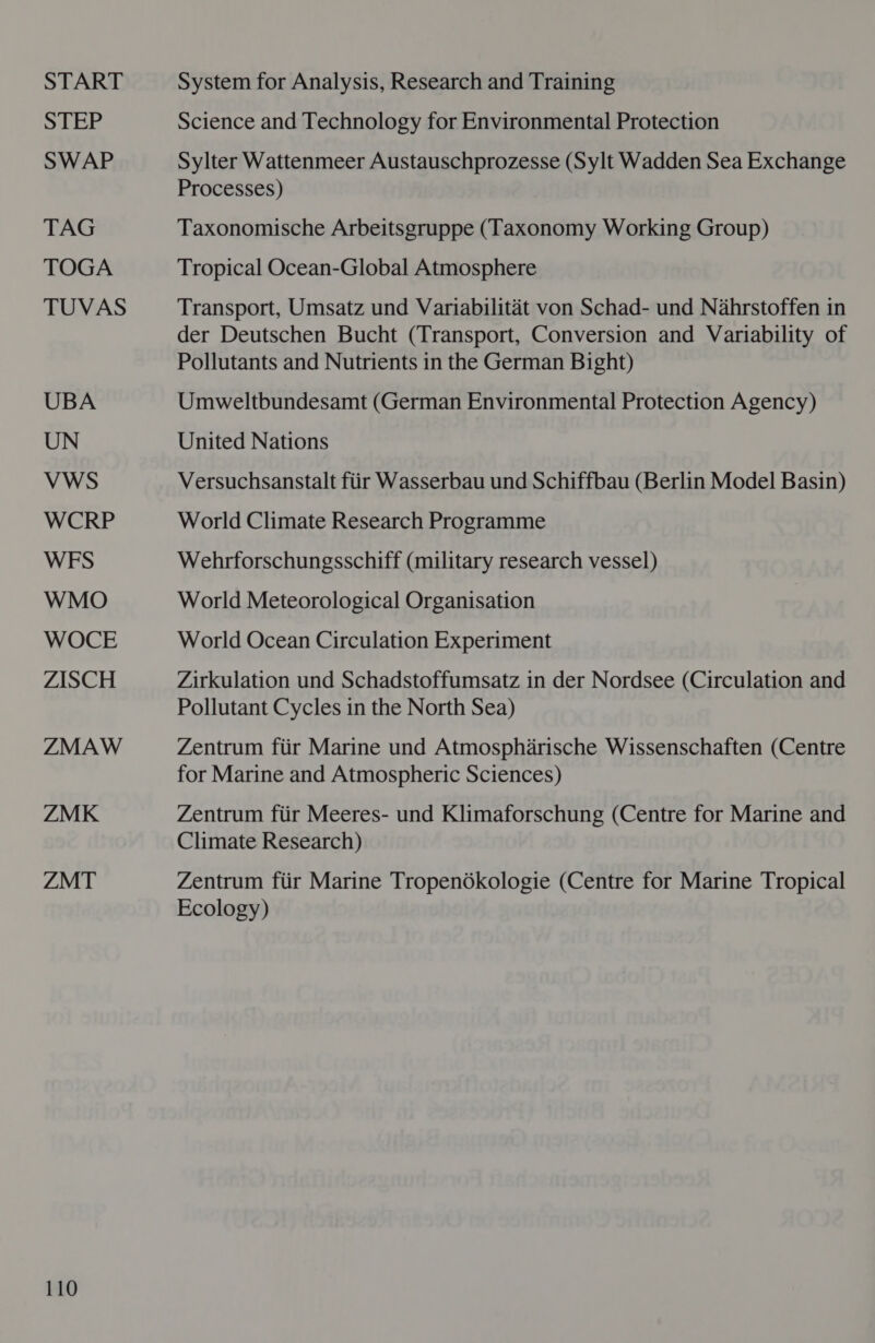 START STEP SWAP TAG TOGA TUVAS UBA UN VWS WCRP WFS WMO WOCE ZISCH ZMAW ZMK ZMT 110 System for Analysis, Research and Training Science and Technology for Environmental Protection Sylter Wattenmeer Austauschprozesse (Sylt Wadden Sea Exchange Processes) Taxonomische Arbeitsgruppe (Taxonomy Working Group) Tropical Ocean-Global Atmosphere Transport, Umsatz und Variabilitaét von Schad- und Nahrstoffen in der Deutschen Bucht (Transport, Conversion and Variability of Pollutants and Nutrients in the German Bight) Umweltbundesamt (German Environmental Protection Agency) United Nations Versuchsanstalt fiir Wasserbau und Schiffbau (Berlin Model Basin) World Climate Research Programme Wehrforschungsschiff (military research vessel) World Meteorological Organisation World Ocean Circulation Experiment Zirkulation und Schadstoffumsatz in der Nordsee (Circulation and Pollutant Cycles in the North Sea) Zentrum fiir Marine und Atmospharische Wissenschaften (Centre for Marine and Atmospheric Sciences) Zentrum fiir Meeres- und Klimaforschung (Centre for Marine and Climate Research) Zentrum fiir Marine Tropendkologie (Centre for Marine Tropical Ecology)