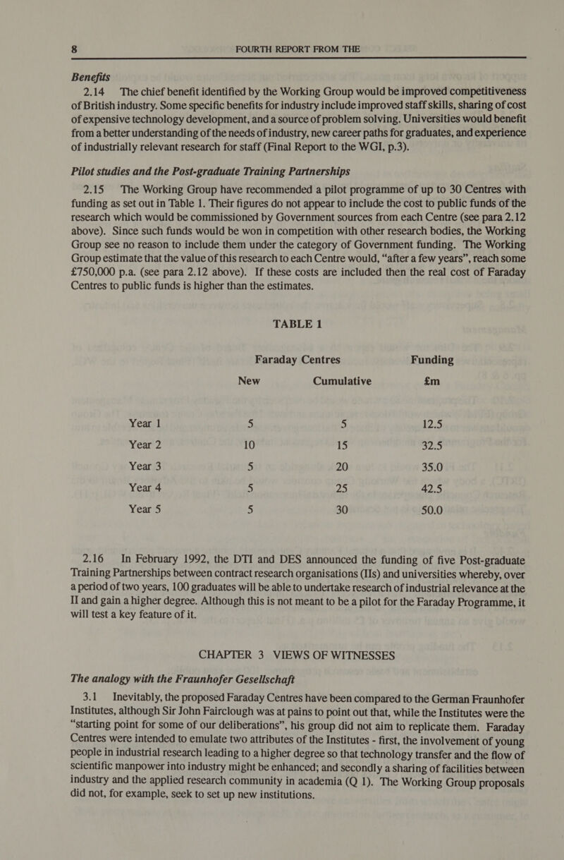  Benefits 2.14 The chief benefit identified by the Working Group would be improved competitiveness of British industry. Some specific benefits for industry include improved staff skills, sharing of cost of expensive technology development, and a source of problem solving. Universities would benefit from a better understanding of the needs of industry, new career paths for graduates, and experience of industrially relevant research for staff (Final Report to the WGI, p.3). Pilot studies and the Post-graduate Training Partnerships 2.15 The Working Group have recommended a pilot programme of up to 30 Centres with funding as set out in Table 1. Their figures do not appear to include the cost to public funds of the research which would be commissioned by Government sources from each Centre (see para 2.12 above). Since such funds would be won in competition with other research bodies, the Working Group see no reason to include them under the category of Government funding. The Working Group estimate that the value of this research to each Centre would, “after a few years”, reach some £750,000 p.a. (see para 2.12 above). If these costs are included then the real cost of Faraday Centres to public funds is higher than the estimates. TABLE 1 Faraday Centres Funding New Cumulative £m Year 1 5 5 12.5 Year 2 10 15 wep Ae Year 3 ‘ 20 35.0 Year 4 5 a 42.5 Year 5 5 30 50.0 2.16 In February 1992, the DTI and DES announced the funding of five Post-graduate Training Partnerships between contract research organisations (IIs) and universities whereby, over a period of two years, 100 graduates will be able to undertake research of industrial relevance at the II and gain a higher degree. Although this is not meant to be a pilot for the Faraday Programme, it will test a key feature of it. CHAPTER 3 VIEWS OF WITNESSES The analogy with the Fraunhofer Gesellschaft 3.1 Inevitably, the proposed Faraday Centres have been compared to the German Fraunhofer Institutes, although Sir John Fairclough was at pains to point out that, while the Institutes were the “starting point for some of our deliberations”, his group did not aim to replicate them. Faraday Centres were intended to emulate two attributes of the Institutes - first, the involvement of young people in industrial research leading to a higher degree so that technology transfer and the flow of scientific manpower into industry might be enhanced; and secondly a sharing of facilities between industry and the applied research community in academia (Q 1). The Working Group proposals did not, for example, seek to set up new institutions.